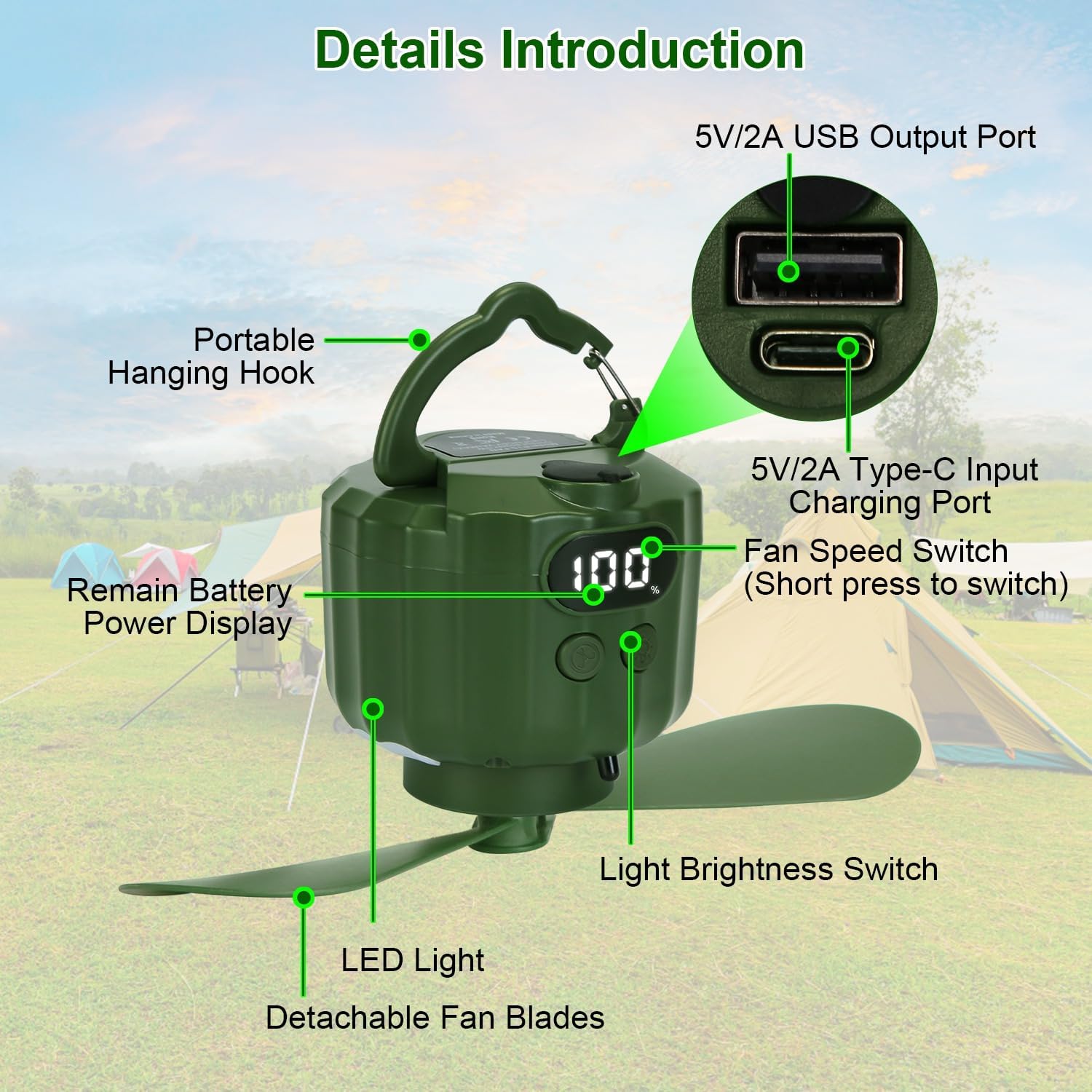 KOCASO Portable Camping Ceiling LED Fan, 5200mAh Hanging Tent Lantern with 3 Light Brightness & Fan Speed, USB Rechargeable Perfect for Camping, Canopy Tents, RV