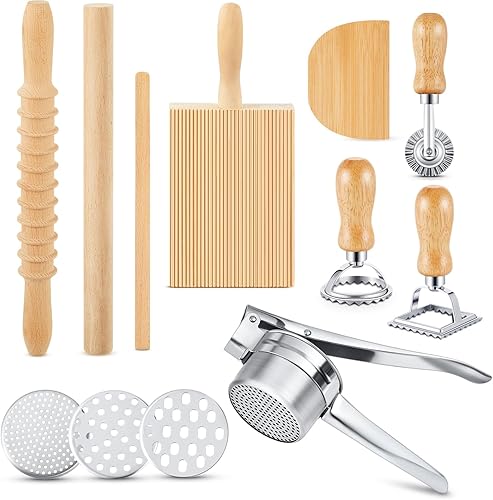 Tioncy Juego de 9 herramientas para hacer pasta, incluye tablero de ñoquis de madera, cortador de papas, cortador de pasta de madera, ravioles,