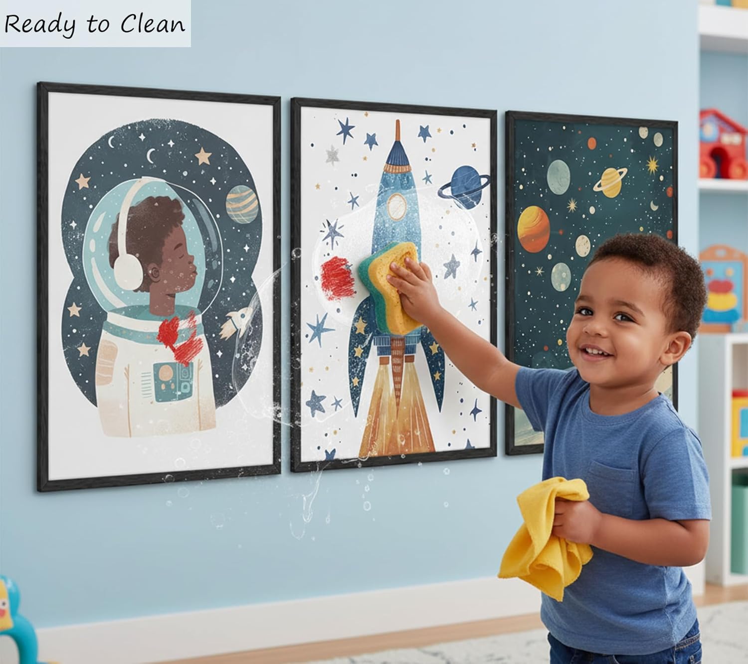 PNFBQRG 3Pcs Space Nursery Wall Art Whimsical Outer Space Posters Artwork Rocket Astronaut Planet Painting Pictures Wall Decor for Boys Kids Room Bedroom Nursery Room 16x24In Unframed