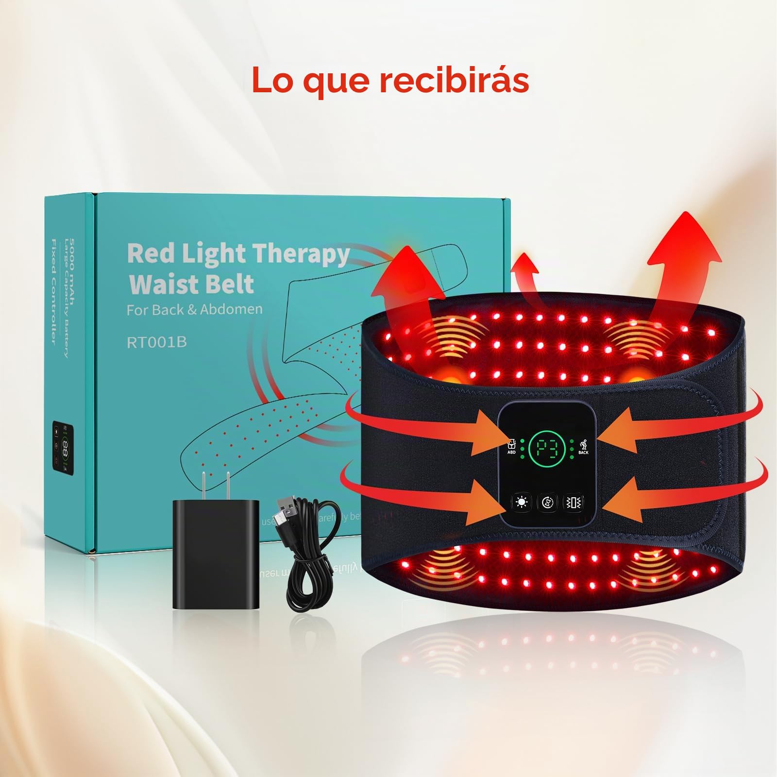 Cinturón de terapia de luz roja para espalda y abdomen, 5000 mAh inalámbrico infrarrojo con masaje de vibración de pulso/3 modos, alivio del dolor, relajación muscular y aumento de la circulación