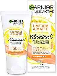 Garnier Uniform & Matte Protetor Solar Hidratante com Vitamina C, FPS 50, Efeito Matte Antioleosidade, Previne Manchas e Corrige o Tom da Pele, Tecnologia Camaleão, Cor Média, 40g