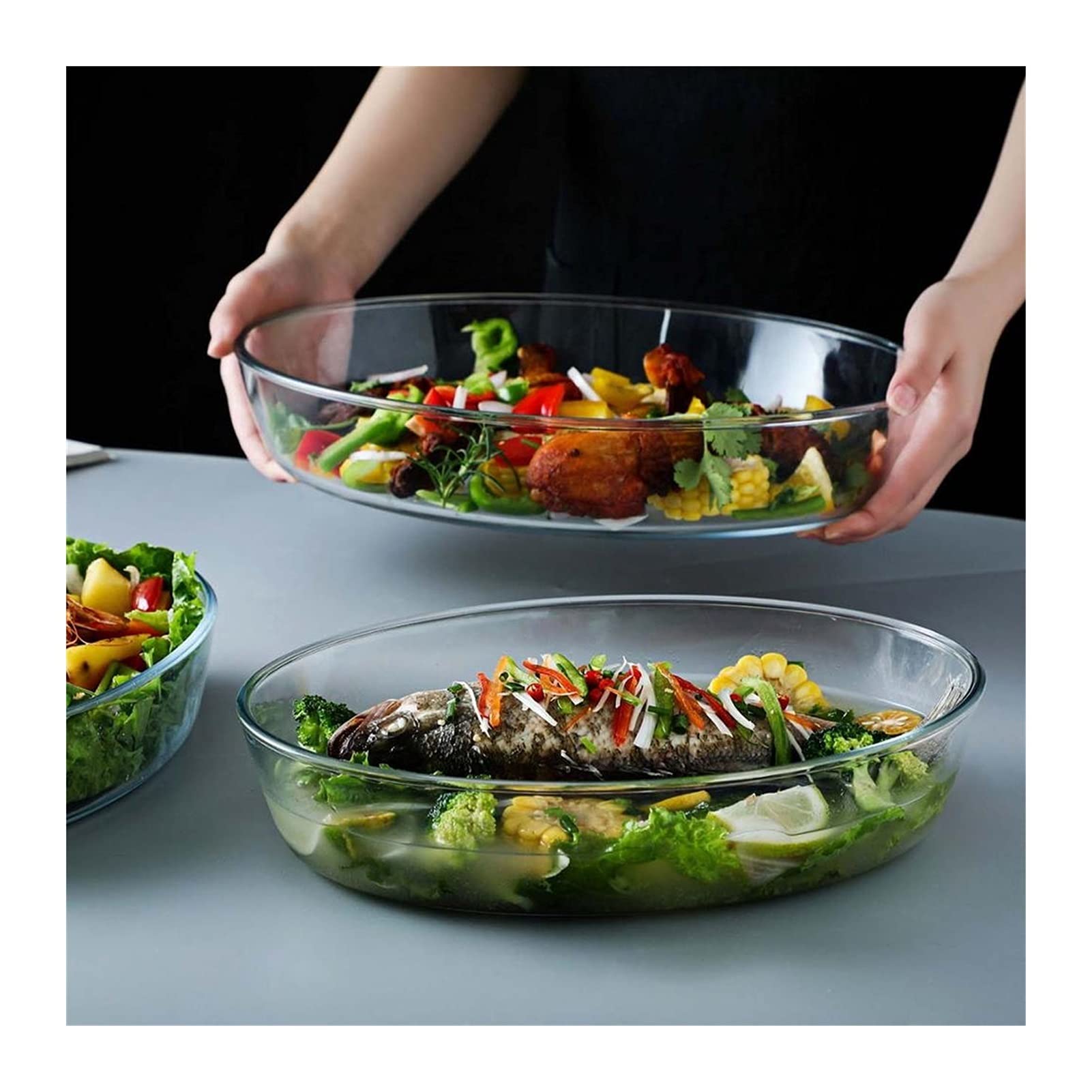 Insalatiere Alto Borosilicato Vetro Pestino Piatto Piatto Cucina Forno a microonde Forno Riscaldamento Ciotola for uso domestico Insalata di alloggio Piastra di alimentazione Plate Stoviglie 1.5 / 2 /