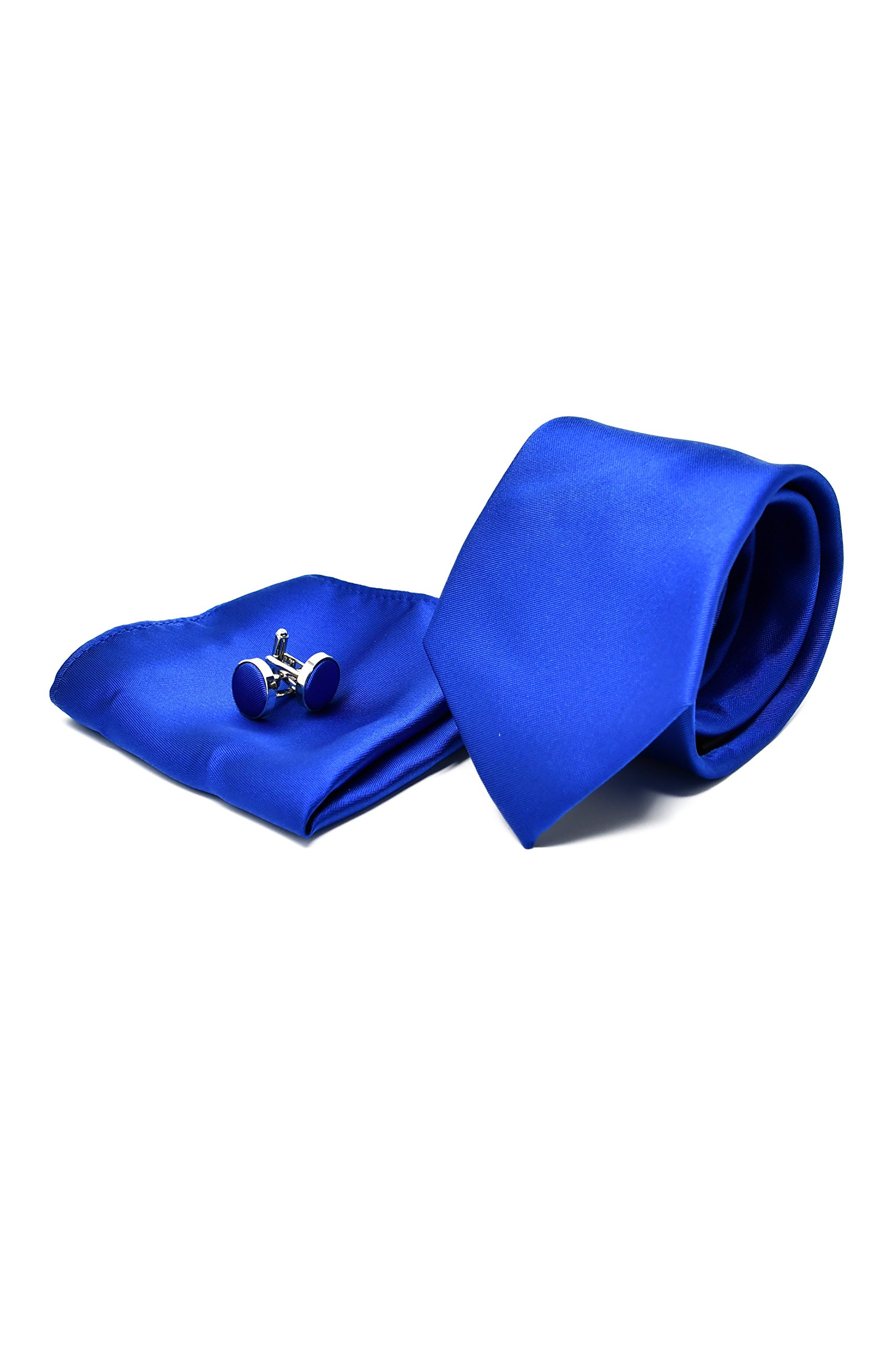 Sweet Leaf Corbata de hombre, Pañuelo de Bolsillo y Gemelos Azul Satén - 100% Seda - Clásico, Elegante y Moderno - (Caja y Conjunto de Regalo, ideal para una boda, con un traje, en la oficina...)