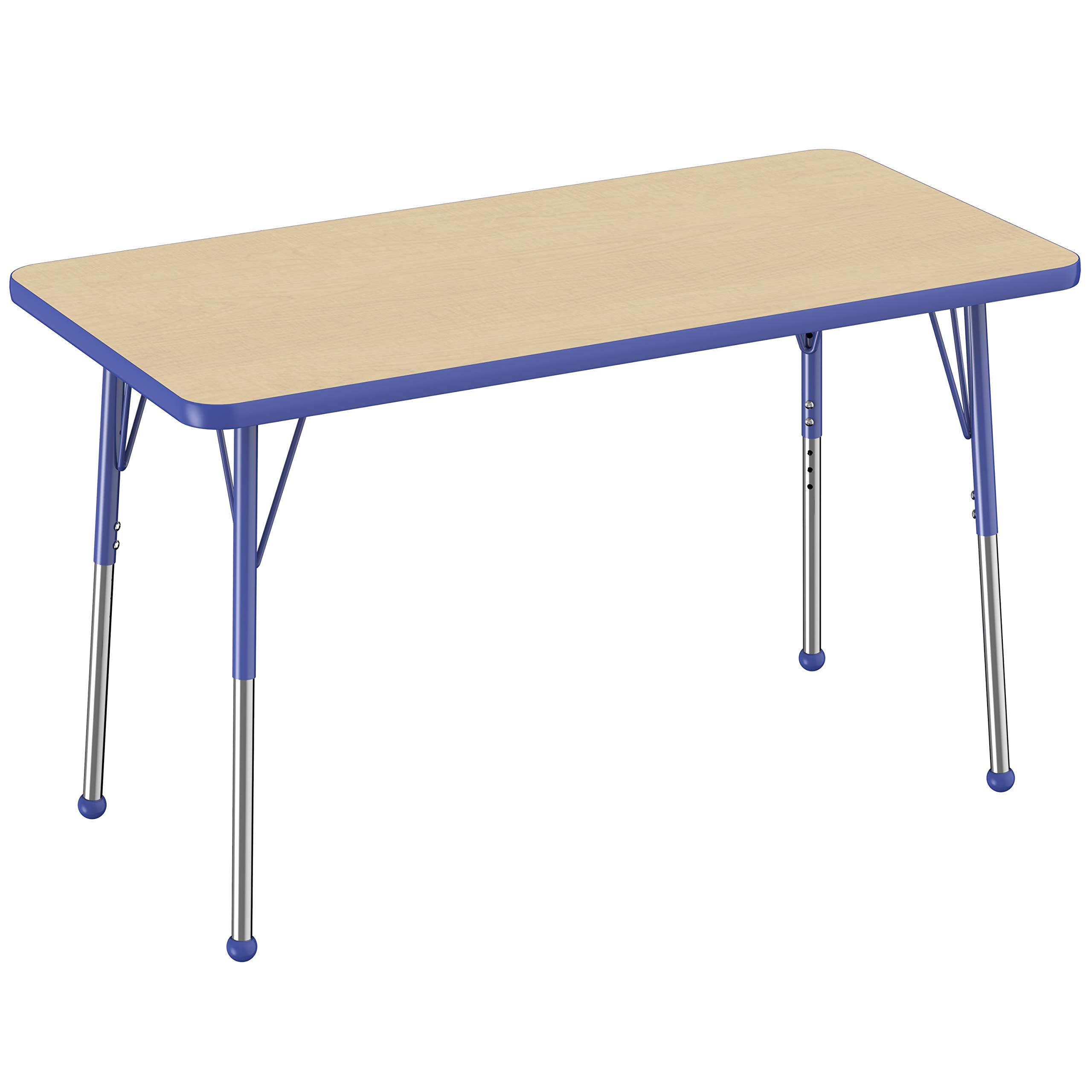 FDP Rectangle Activity School and Office Table (24 x 48 inch), Standard Legs with Ball Glides, Adjustable Height 19-30 inches - Maple Top and Blue Edge (COLOR MAY VARY)