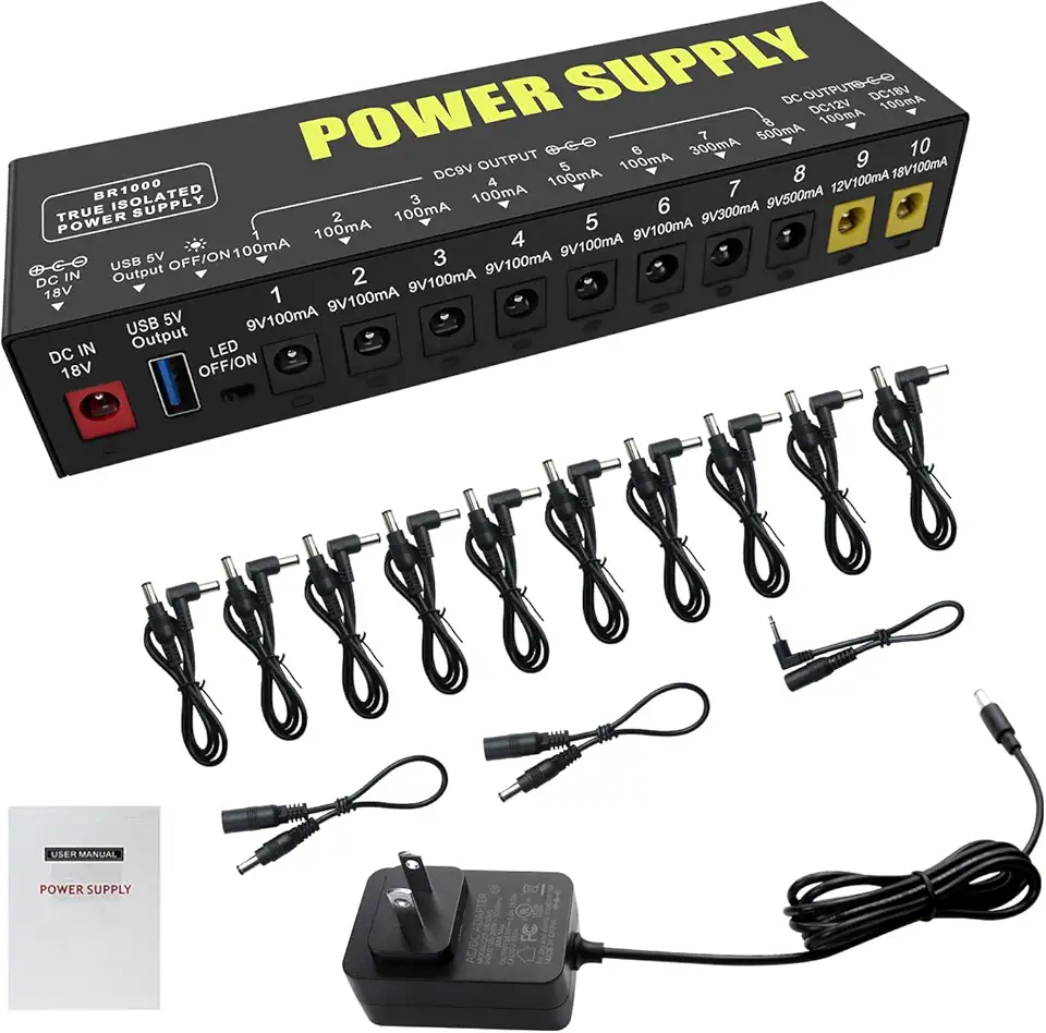 Fonte de alimentação para pedal de guitarra 10 saídas CC isoladas 9V/12V/18V para fonte de alimentação de pedal de efeito com curto-circuito inteligente e sobrecorrente e saída USB 5V/1A