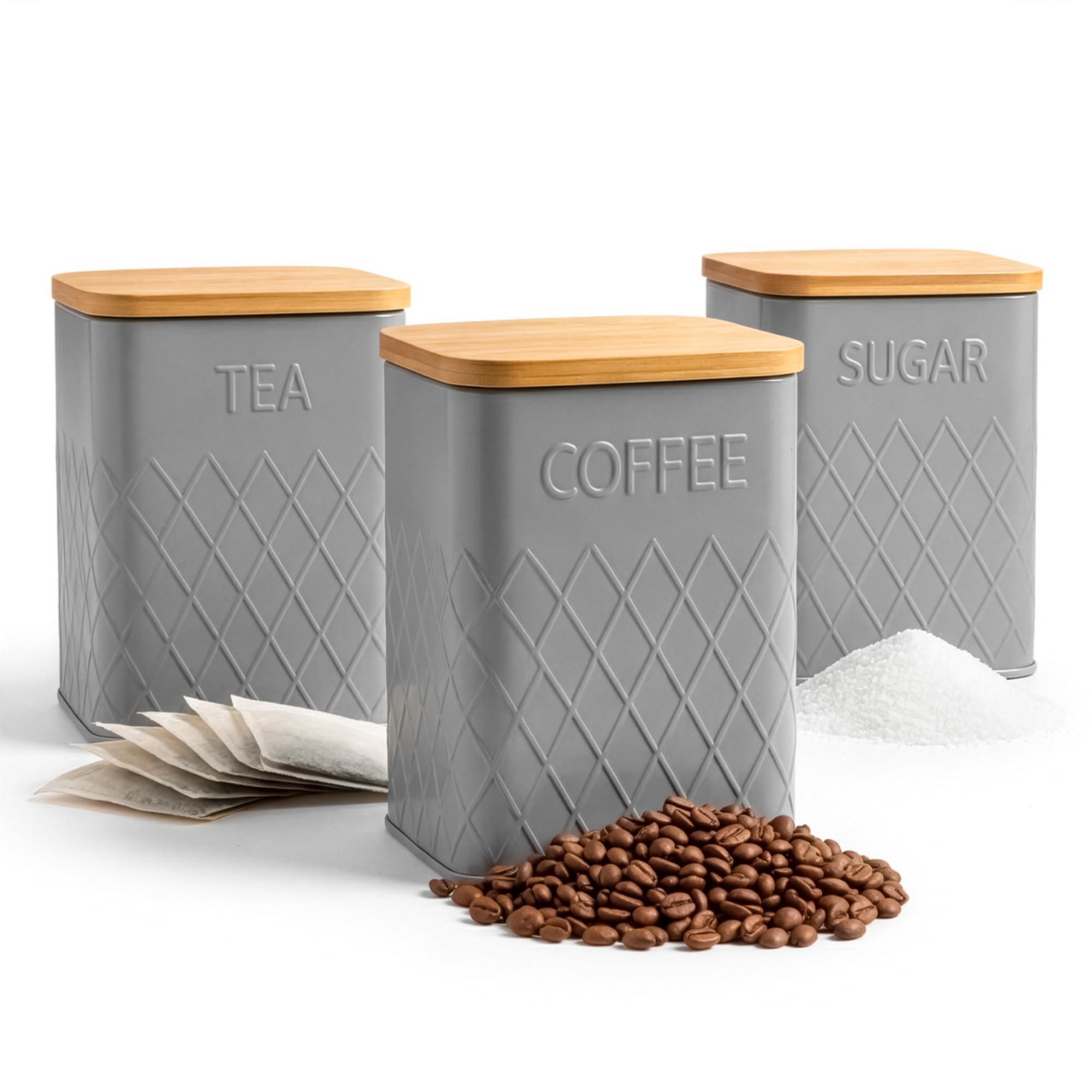 Winsome Grey Tea Coffee And Sugar Canisters Set | Lightweight Stackable Tea Coffee Sugar Canisters With Airtight Bamboo Lids | 3 Piece Canisters Sets With Minimal Design