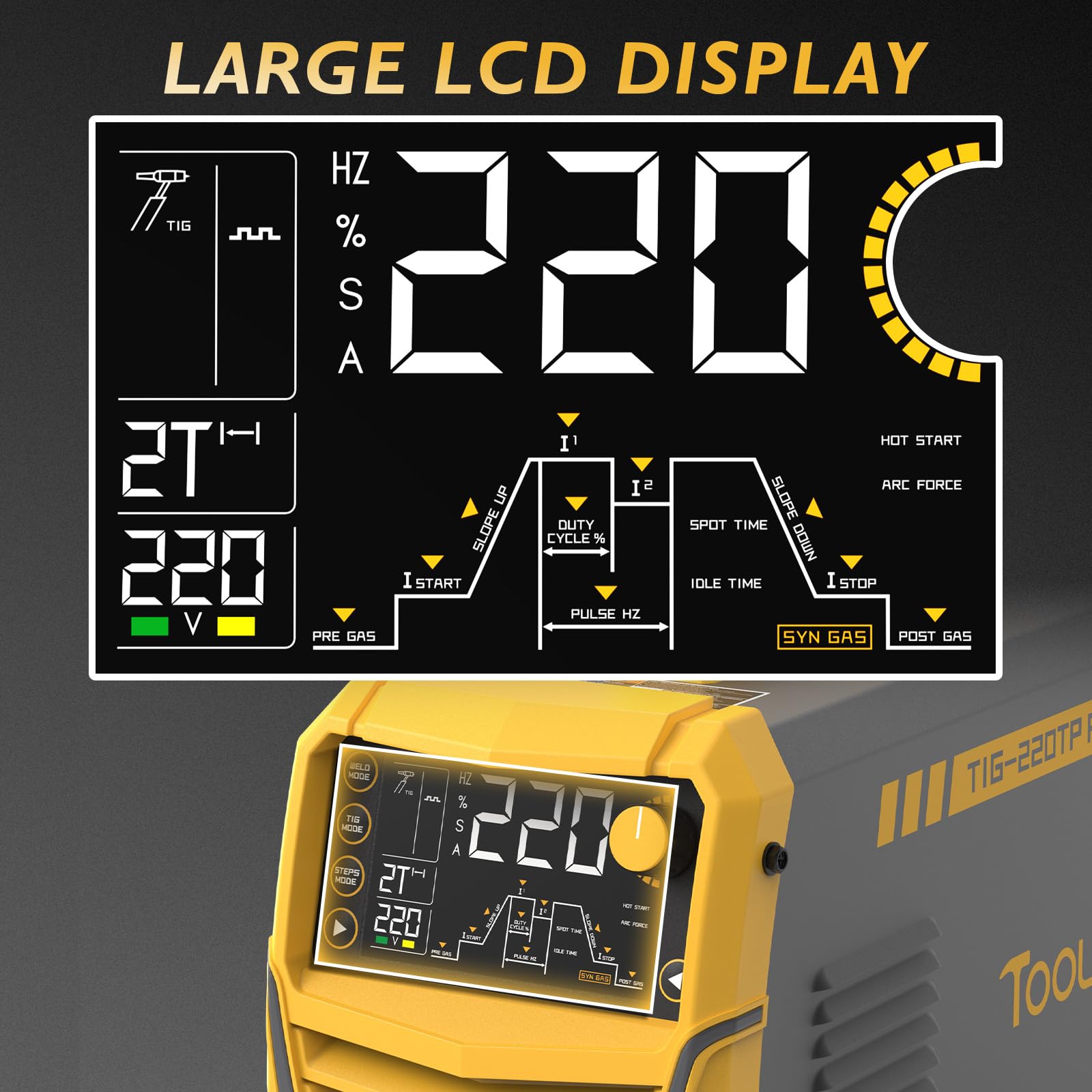 TOOLIOM Soldador TIG frío 7 en 1 de 220 A, 110/220 V, voltaje dual | Pantalla digital grande, repetición 2T/4T/4T, pedal opcional de 5 pines