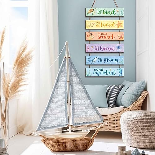Miniatura 5 de 6 piezas de decoración de océano para habitación de niños, letrero colgante con acuarela, océano, citas positivas inspiradoras, decoración de pared