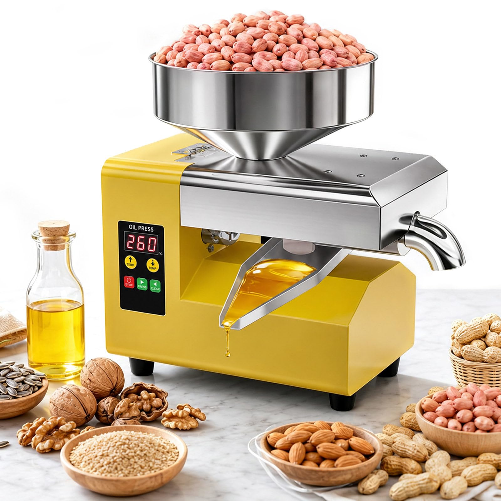 Prensa De Aceite 1500 W De Acero Inoxidable Para Frutos Secos Y Semillas | Prensado En Frío Y Caliente, 4,5–9 Kg/H, Salida Lateral, Varilla, Cámara Fundida Con Precisión Y Piezas Desmontables