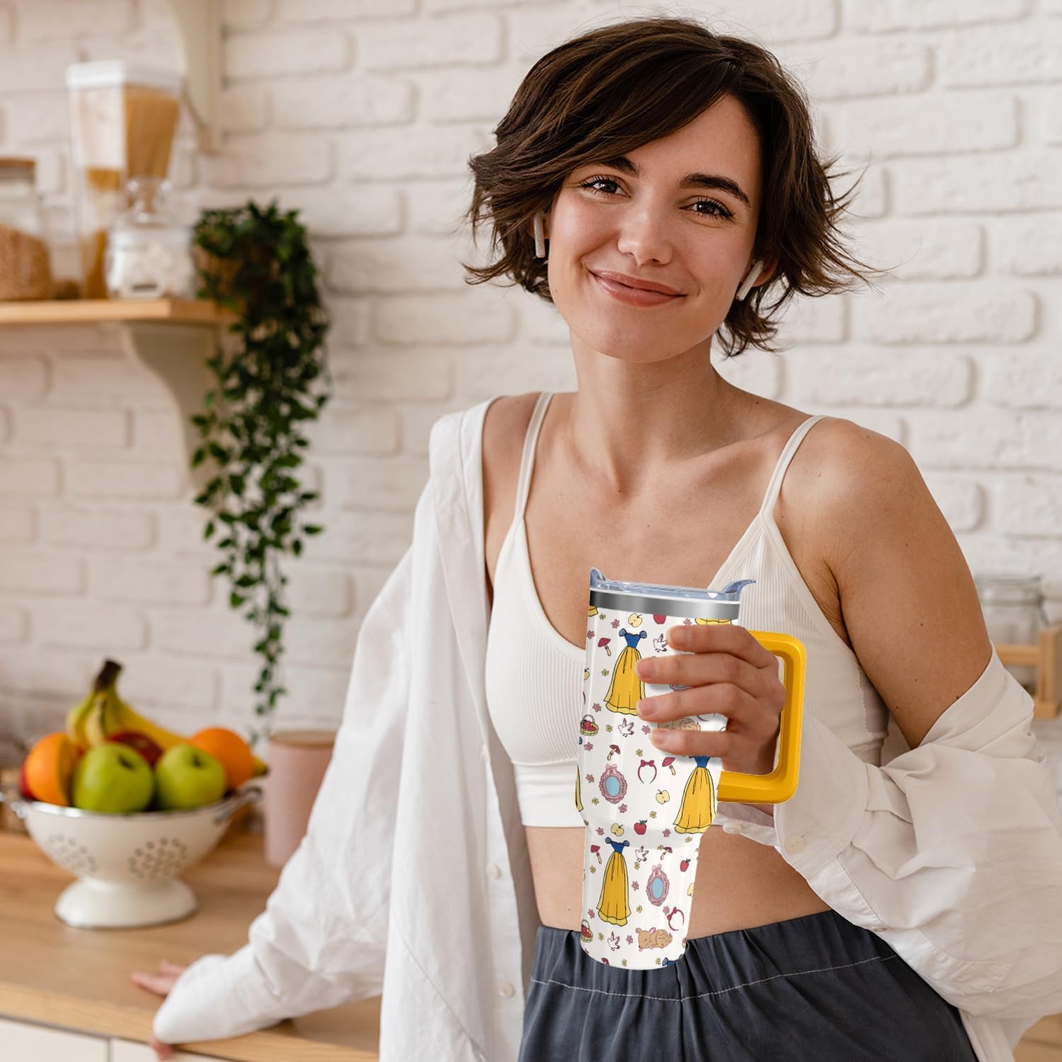 Cartoon Fairy Tale Princess Tumbler with Handle & Straw | Princesses Dress and Mirror | Travel Coffee Mug -Birthday/Christmas Gift to Girl/Women - Image 8