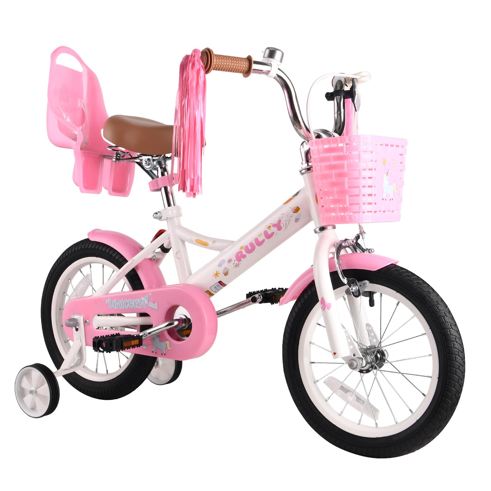 RULLY Vélo Enfant 16 Pouces pour Filles de 4 à 7 Ans, avec roulettes Stabilisatrices, Frein Avant, Panier, Rubans Décoratifs – Couleur Blanc