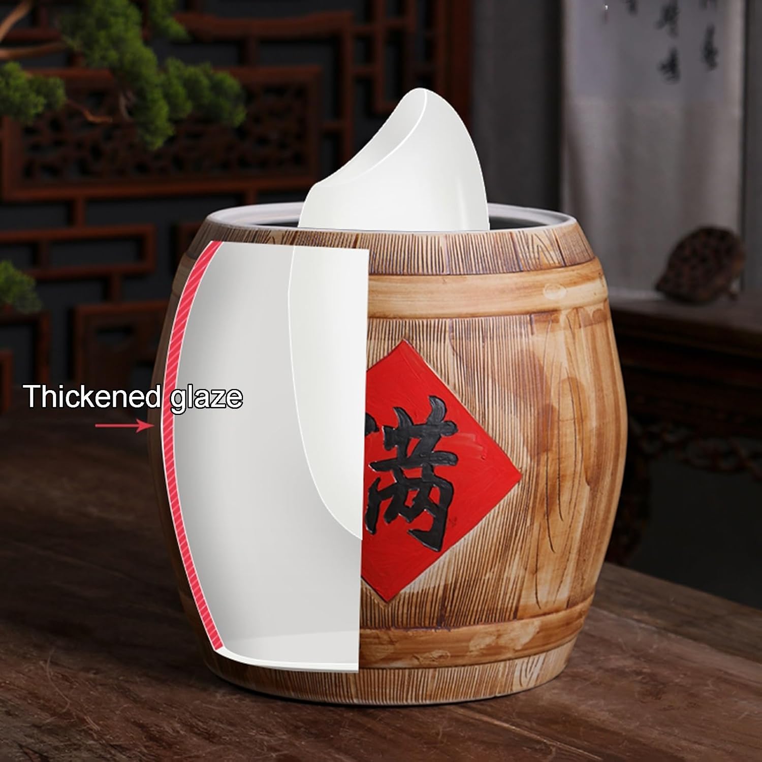 Sealed Ceramic Rice Bucket with Lid Dispenser Portable Container with Handles Decorative Jar Cylinder forCereals Flour Sugar and Coffee
