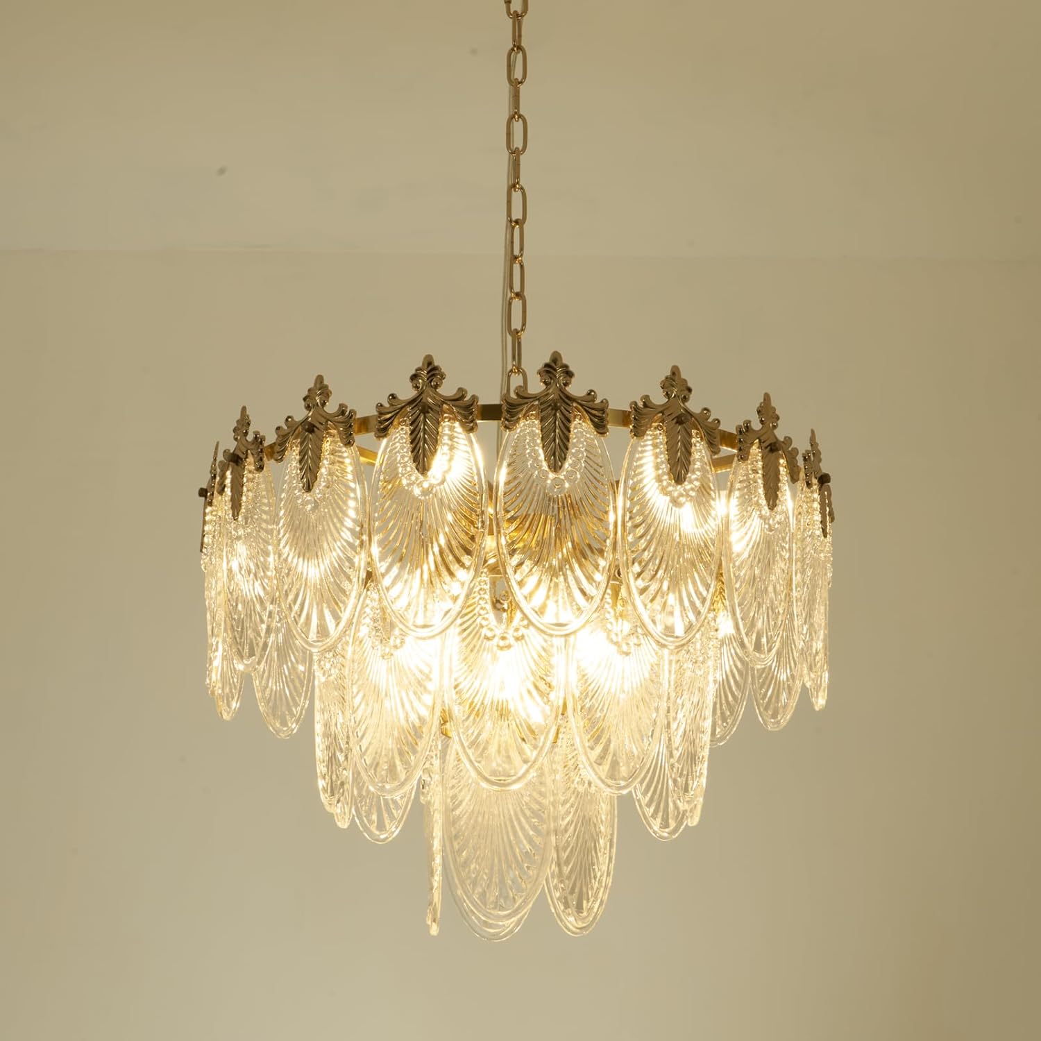 Modern Gold Crystal Chandelier 24'' Vintage Pendant Lighting with Glass Leaf Drum 8-Light Round French Raindrop Ceiling Light Fixture for Living Room Dining Room Bedroom Entryway Foyer