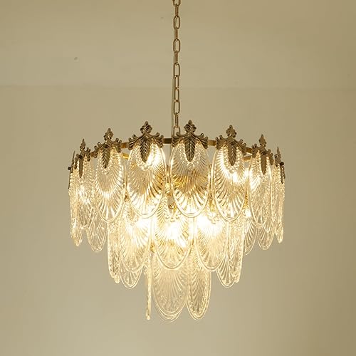 Miniatura 8 de Moderno candelabro de cristal dorado de 24 pulgadas, iluminación colgante vintage con tambor de hoja de vidrio, 8 luces, redonda de gota de lluvia