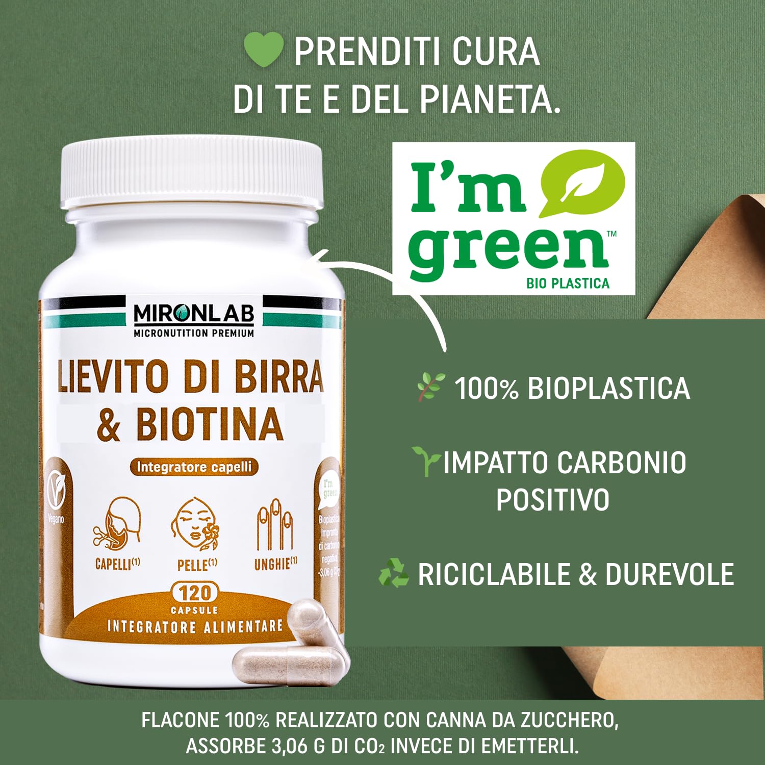Lievito di Birra - Alto Dosaggio : 1640mg - Arricchito di Biotina Vitamine e Minerali - Integratore crescita capelli e Bellezza pelle e unghie - 120 Capsule : 1 mese - MIRONLAB