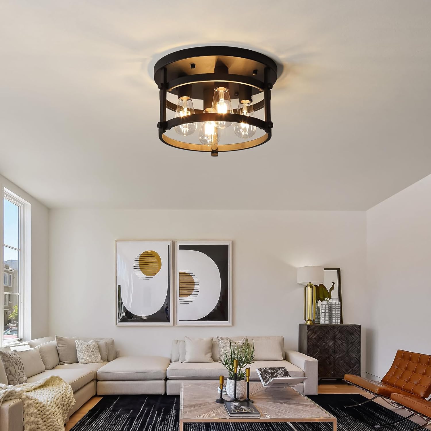4-Light Retro Farmhouse Flush Mount Round Vintage Metal Ceiling Light Fixtures, Rustic Ceiling Lamp for Kitchen Island Hallway Entryway Bedroom Dining Room, E26 Bulbs, 13"