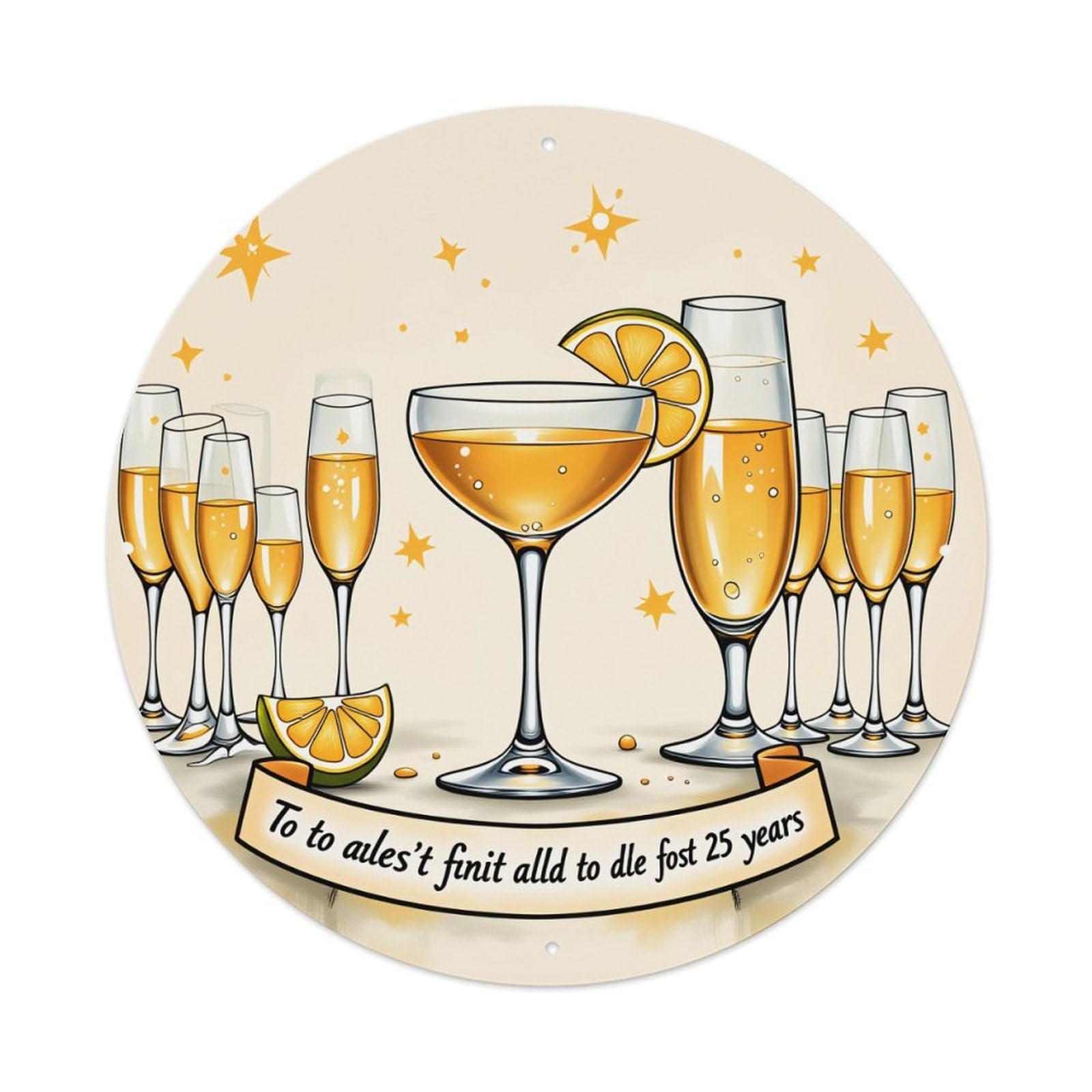 Champagne Glasses Lemon Stars Toast Vintage Metal Tin Sign Retro Wall Decor for Home Bar Garage Cafe, Indoor & Outdoor Decorative，circle Metal Poster, 8x8 Inch