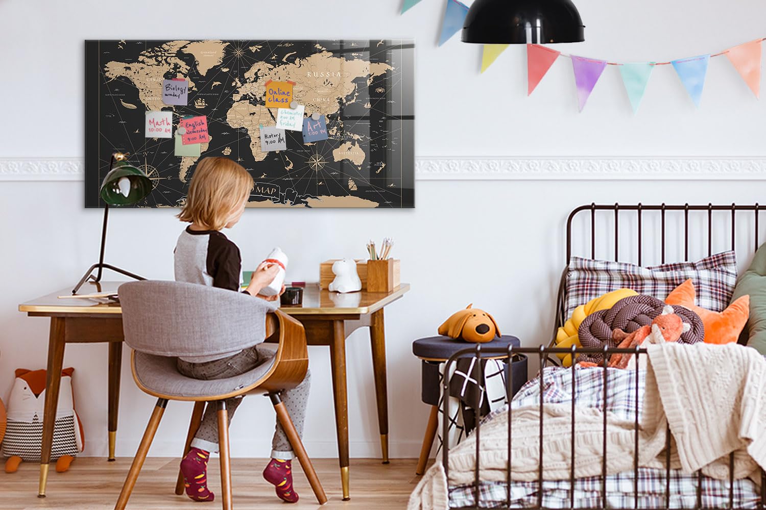 Magnettafel aus Glas mit Neodym-Magneten | Hochwertige Glasmagnettafel für Büro, Küche & Homeoffice | Schreibtafel abwischbar, kratzfest & modern im Design - 120x60cm Vintage-Weltkarte