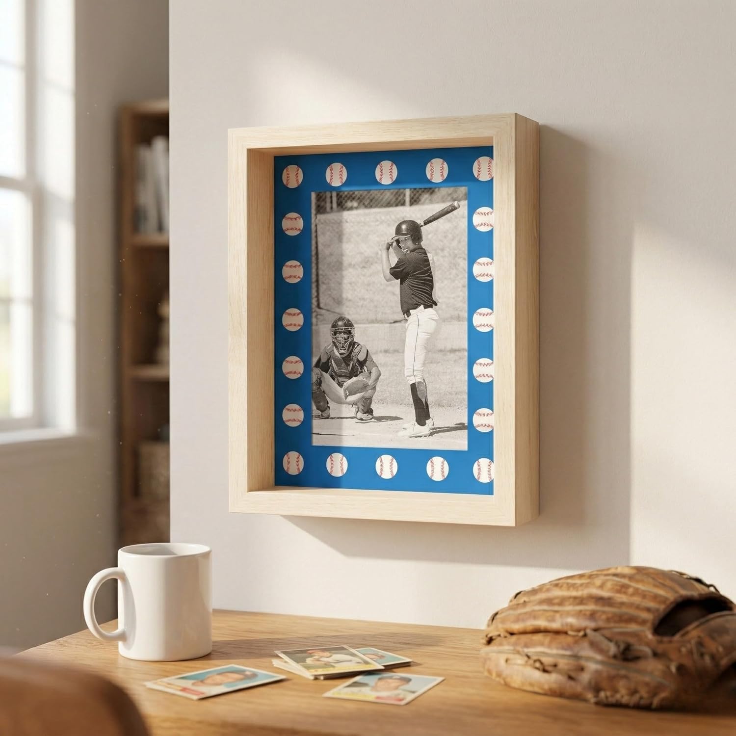 ChalkTalkSPORTS Baseball Picture Frame - Holds 4x6 Photo - Desk or Wall Display - Blue Baseball Pattern