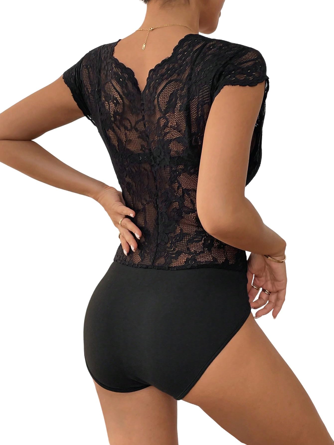 GORGLITTER Damen Body Elegant Spitzenbody Flügelärmel Bodysuit V-Ausschnitt