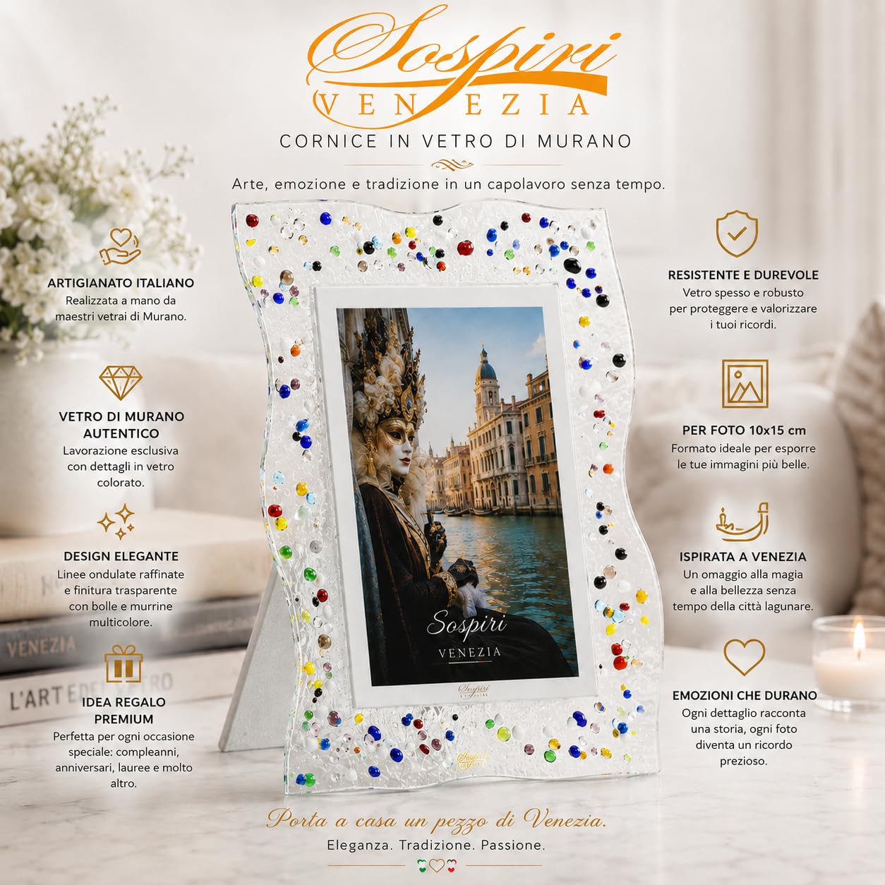 Sospiri Venezia Portafoto Vetro Murano Cornice con Supporto da Scrivania o Tavolo Foto 13x18 cm Decorato a Mano Soprammobile Casa Idea Regalo per Cerimonia Bomboniera (19X25 cm)