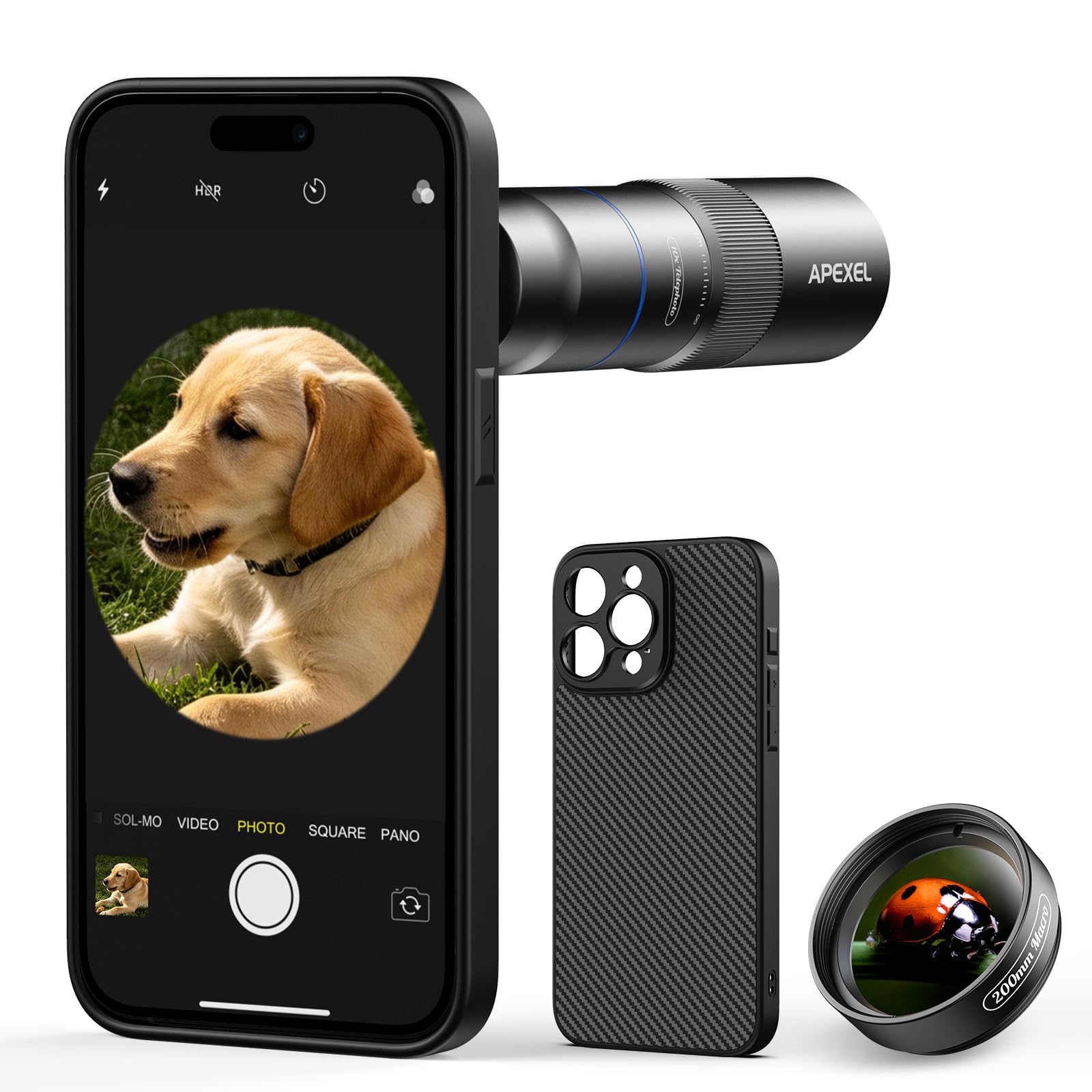 APEXEL Kompaktes 10x-Teleobjektiv für Smartphone & 200-mm-Makroobjektiv mit Spezielle Handyhülle, Professionelles FMC ED-Handy Objektiv, Geeignet für iPhone 15 Pro Max