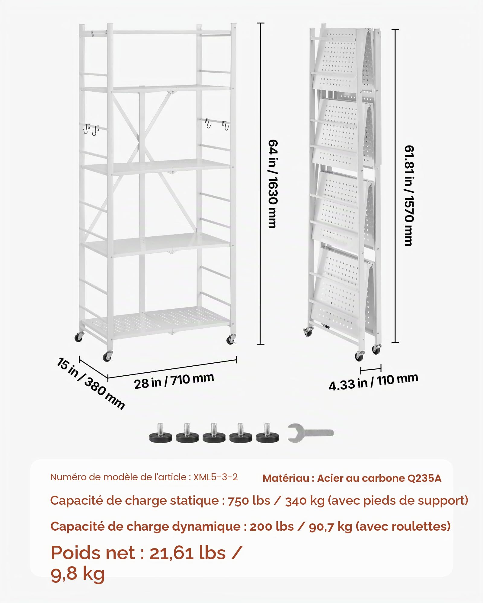 VEVOR Étagère Pliante Mobile, 5 Niveaux, Étagère Pliante à roulettes, 71x38x163 cm, Métal Robuste, Charge Statique 340 kg Dynamique 90,7 kg, Meuble de Rangement pour Garage, Cuisine, sous-Sol, Blanc