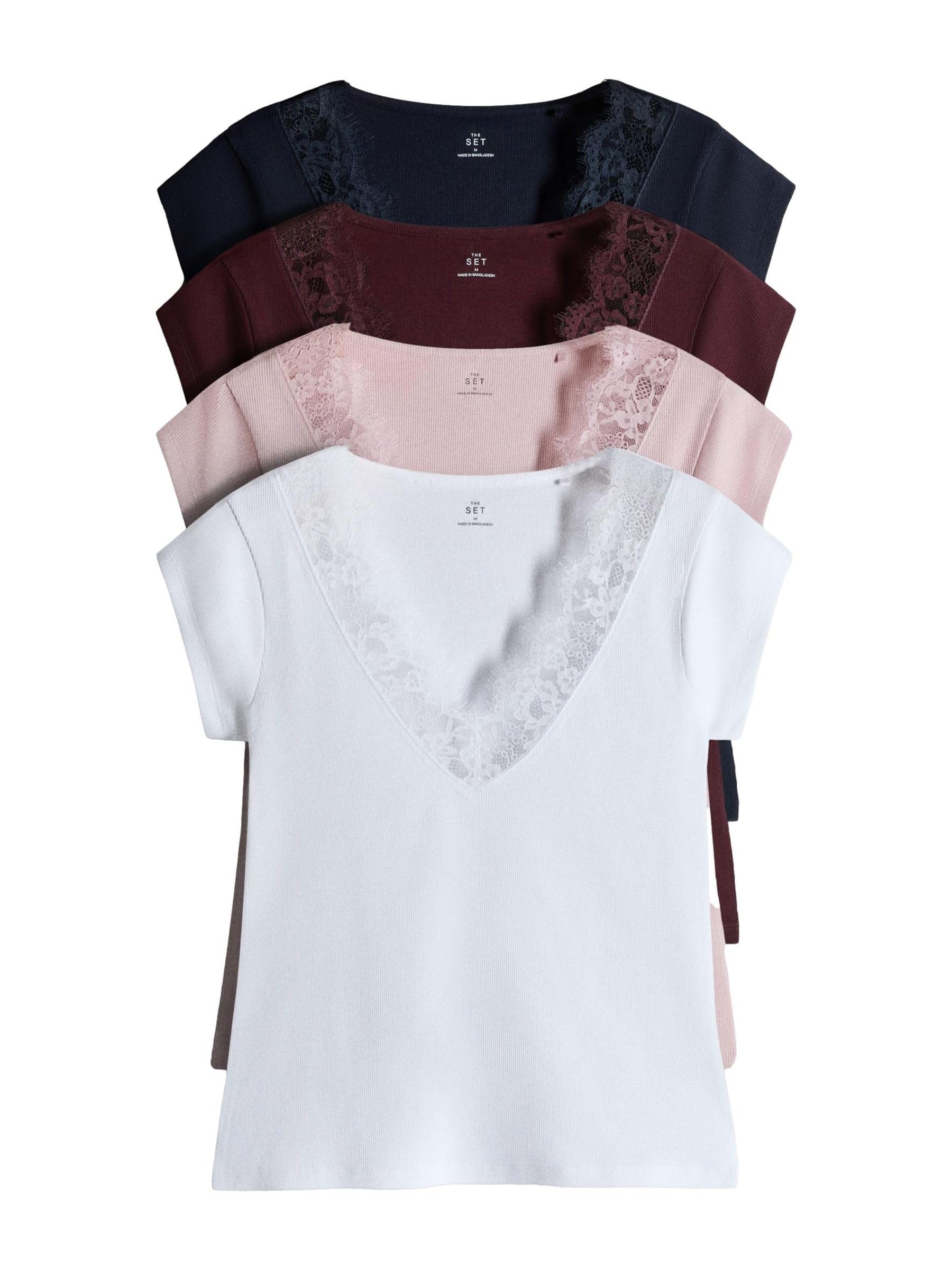 THE SET Donne Confezione da 4 top a coste a maniche corte