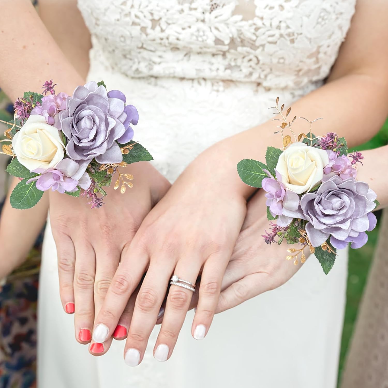 Purple Gardenia Wrist Corsages for Wedding (Set of 6), Lavender Corsage Hand Flowers Lilac Prom Corsages Wristlet for Bridal, Girls, Women, Mother of Bride and Groom