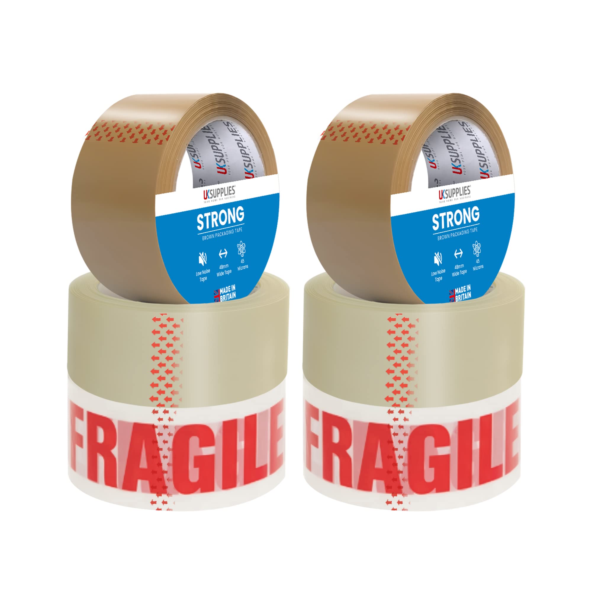 UK SUPPLIES LIMITED Low Noise Mixed Packaging Parcel Tape, 48MM X 66M I Brown, Clear & Fragile Tape IStrong Packing TapeI Packaging Tape for Moving Houses, Postage & Packing Boxes (Pack of 6)