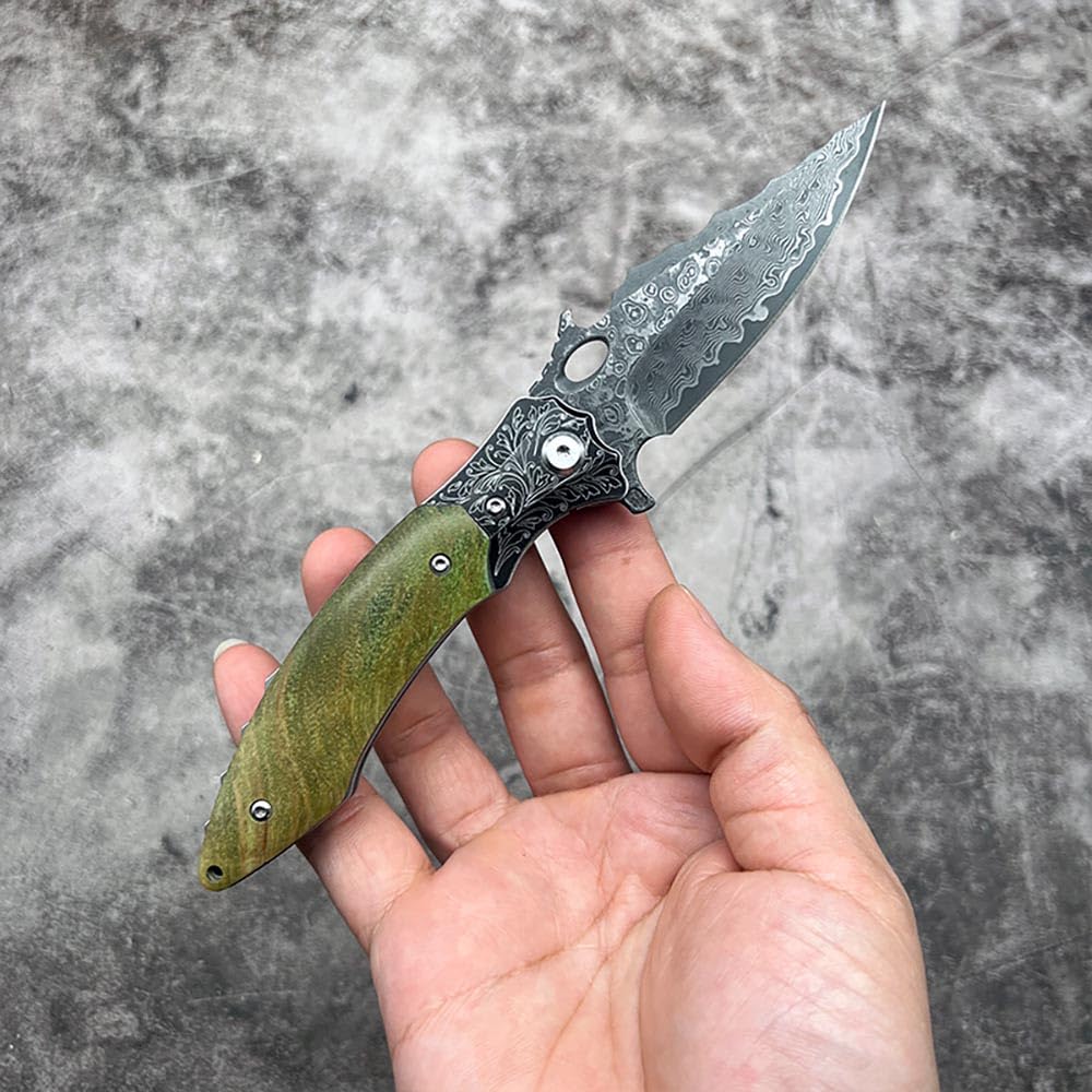 Taschenmesser scharfes Damast klappmesser klein 7.5cm VG10 damaskus stahl, Holzgriff Grün Stabilisiertes Holz Faltbar Edc tanto messer flipper Damaszener geschmiedet ‌einhandmesser, Premium Eleganz