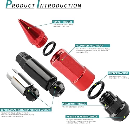 Miniatura 4 de YeshineAuto 20PCS M12x1.5 Anti Theft Wheel Spikes Lug Nut,Replacement for 2006-2019 Fusion,2012-2019 Focus,2001-2019 Escape Aftermarket Wheel(Red)