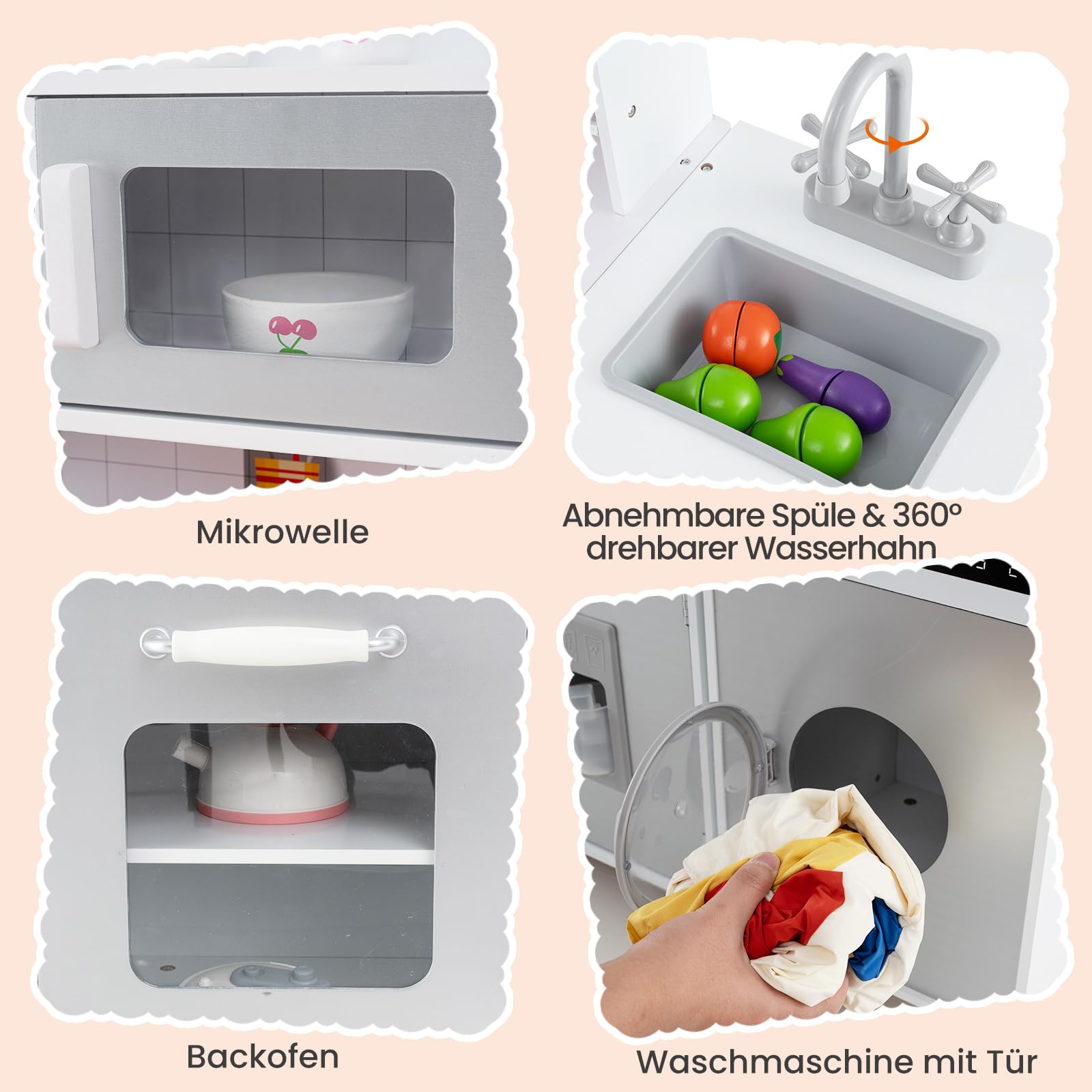 DREAMADE Kinderküche Holz mit Zubehör, Kinder Küche mit Herd Spüle Backofen Waschmaschine, Kinderspielküche mit Licht & Sound, Spielküche für Kinder ab 3 Jahren (Grau)