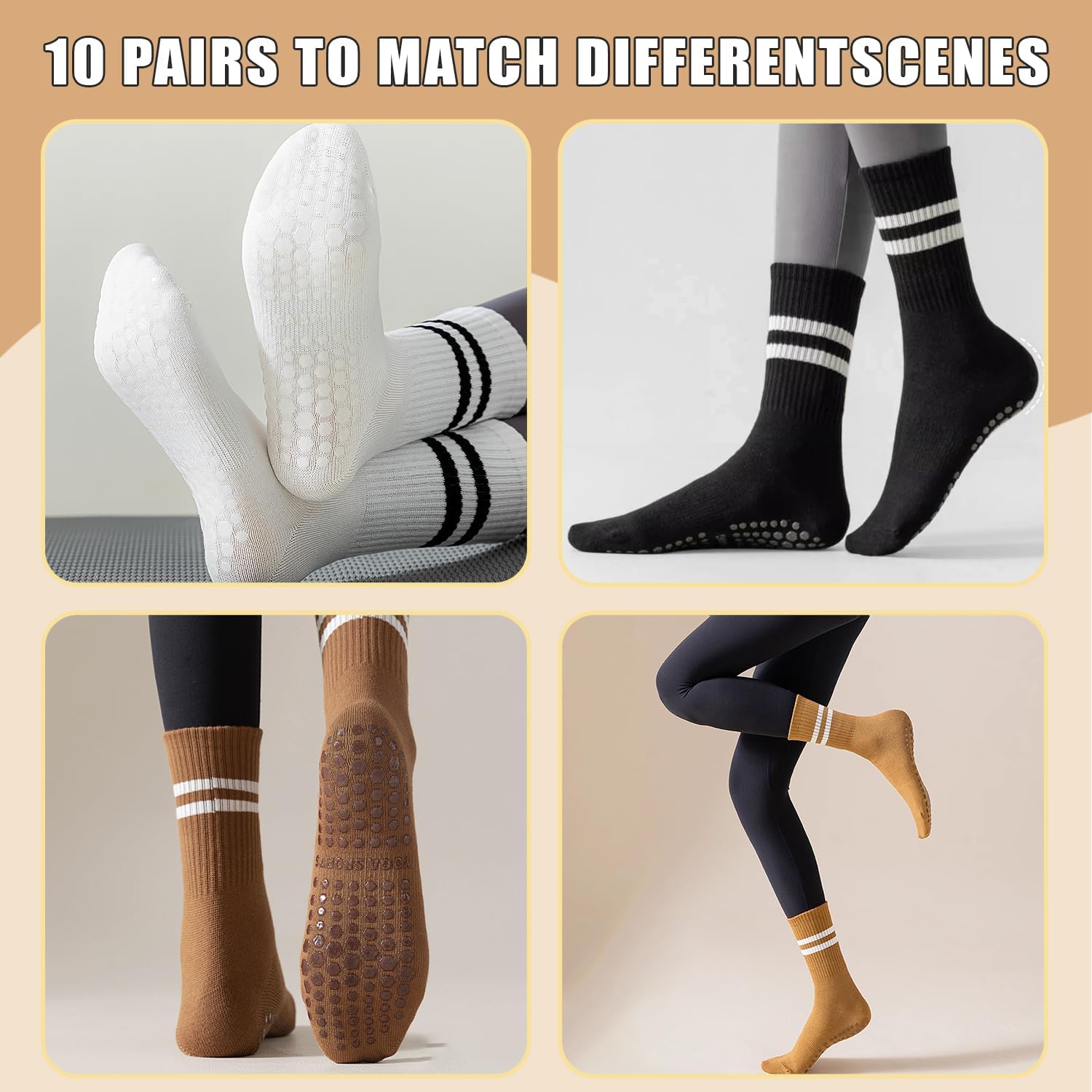 10 Pairs Yoga Pilates Grippy Non Slip Long Socks with Grips for Women Yoga, Pure Barre,Ballet,WorkoutDance