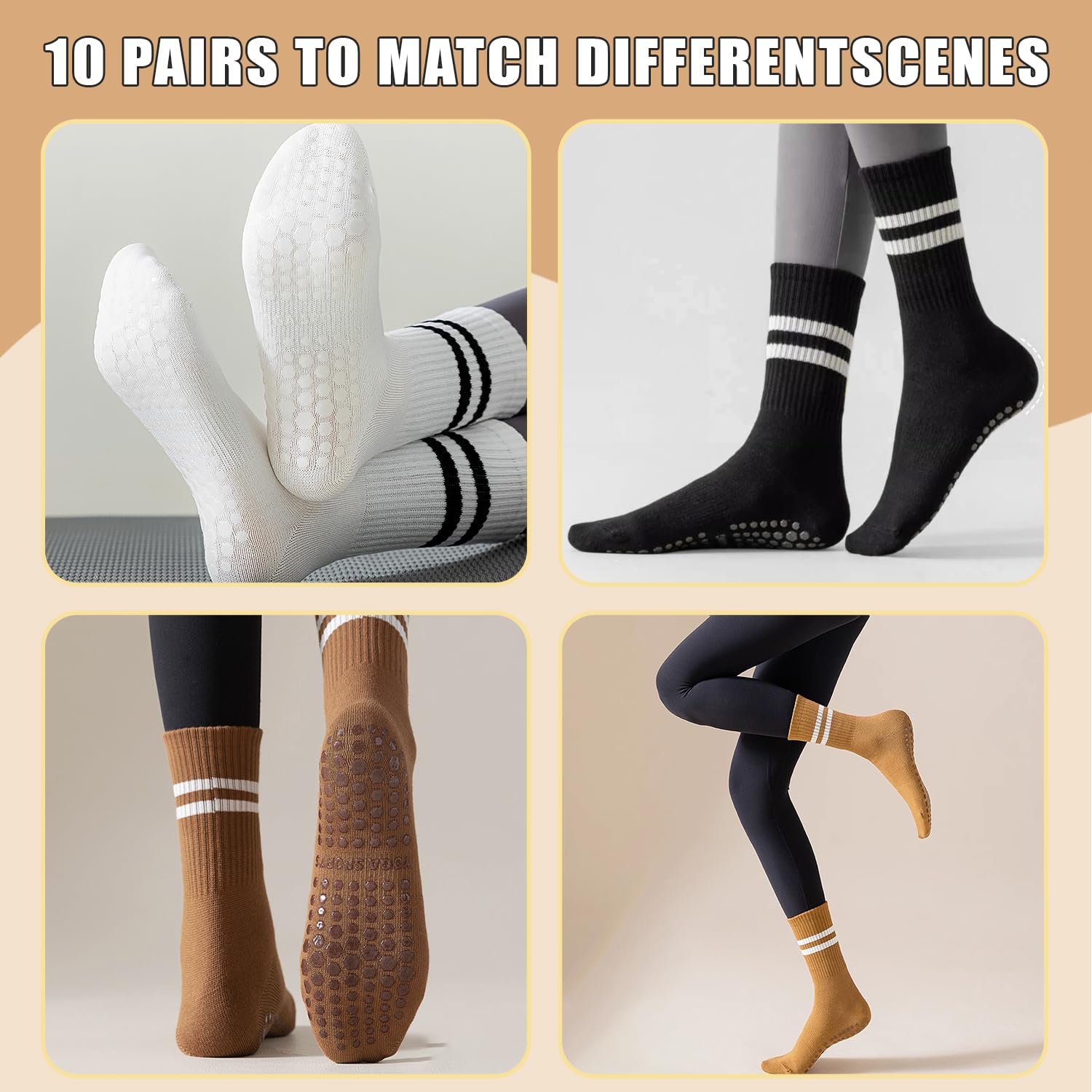 10 pares de calcetines largos antideslizantes con agarres para mujer, yoga, barra pura, ballet, entrenamiento, baile, 10 pares