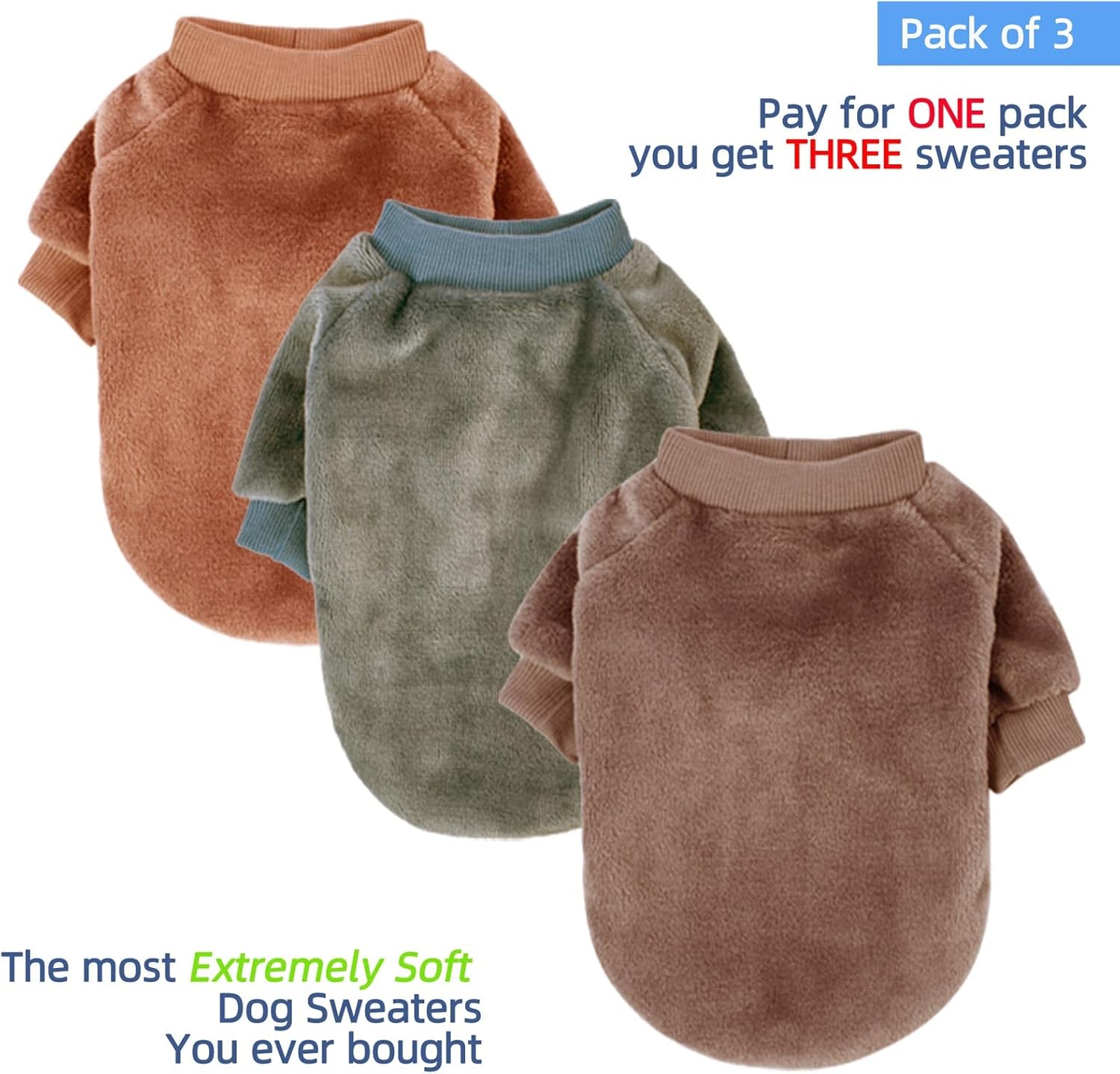Condition photo showing Good Condition for FabriCastle Small Dog Sweaters, 3-Pack Dog & Cat Clothes, Soft and Warm Pet Jackets for Small Dogs Boy & Girl, Winter Pet Apparel Costumes, Puppy Outfits (Camel,Khaki,Olive, Medium)