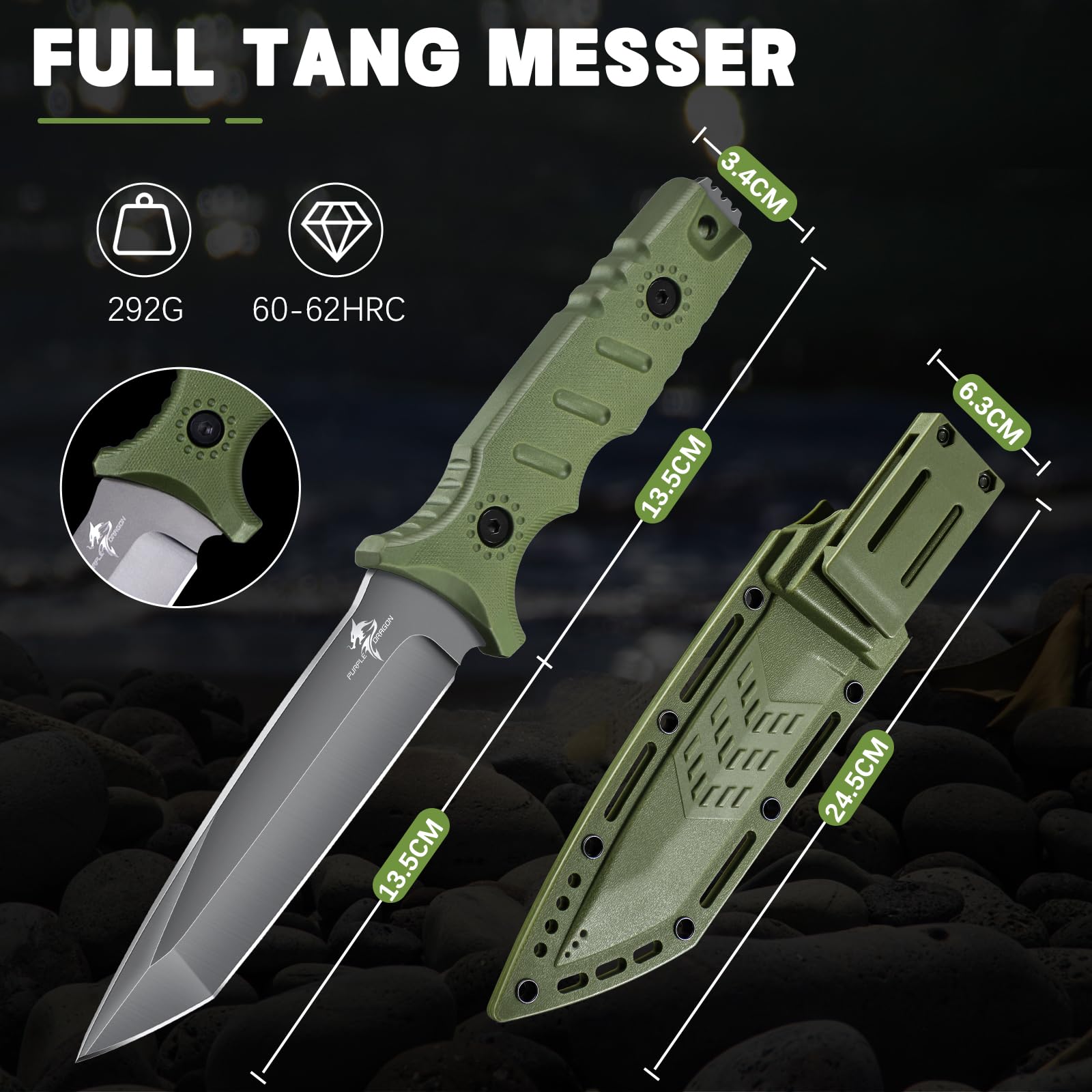 Purple Dragon Outdoor Messer Survival Messer mit Kydex Scheide, Feststehende Klinge aus einem Stück D2 Stahl, Full Tang Bushcraft Messer G10 Griff für Camping, Geschenke für Männer, Grün