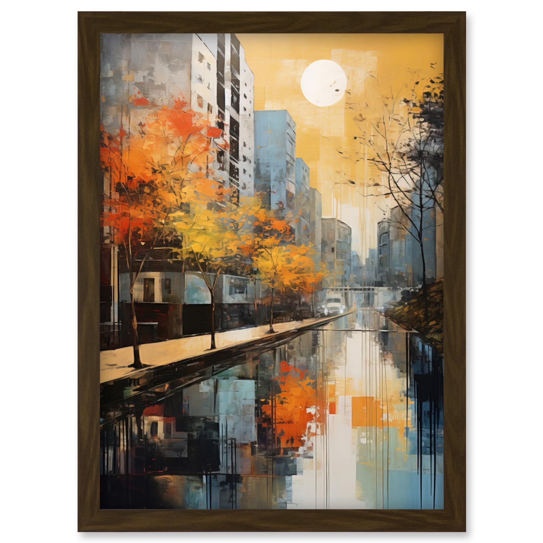 Artery8 Cityscape River Canal Oil Painting Blue Orange Trees Autumn in the City Artwork Framed Wall Art Print A4
