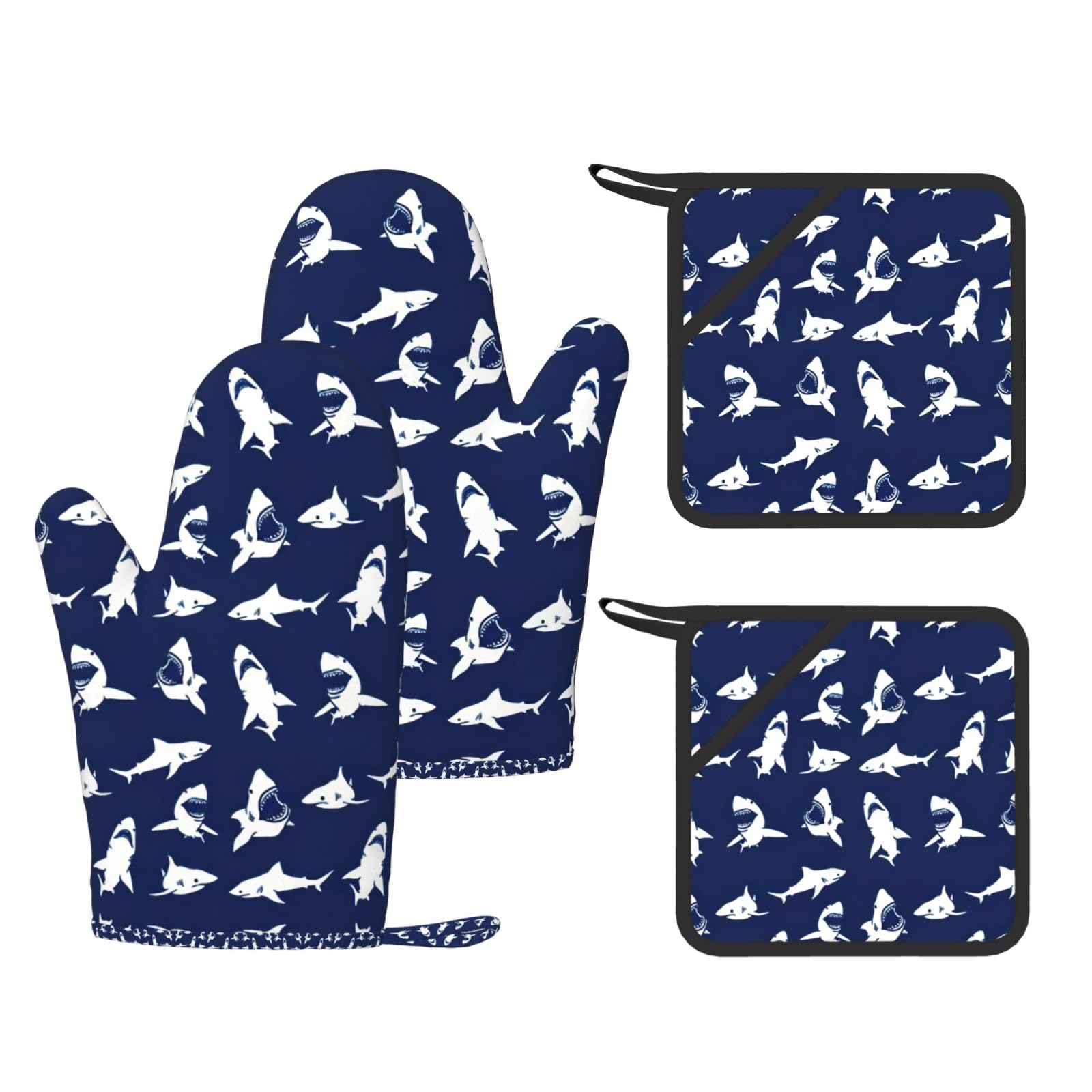 Shark Pattern with Various Gestures Printed Oven Mitts and Pot Holders Set of 4, Heat Resistant Silicone Gloves for Baking Grilling