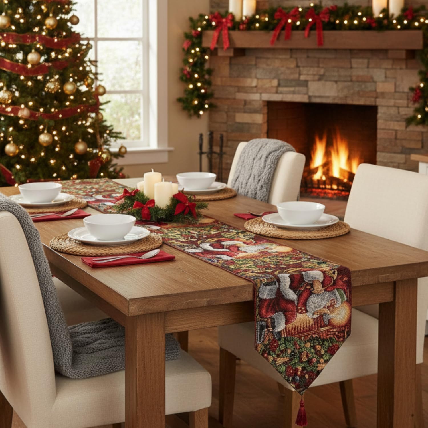 Tache Festive Winter Holiday Christmas Down The Chimney Decorative Tapestry Table Runners, 13 x 120