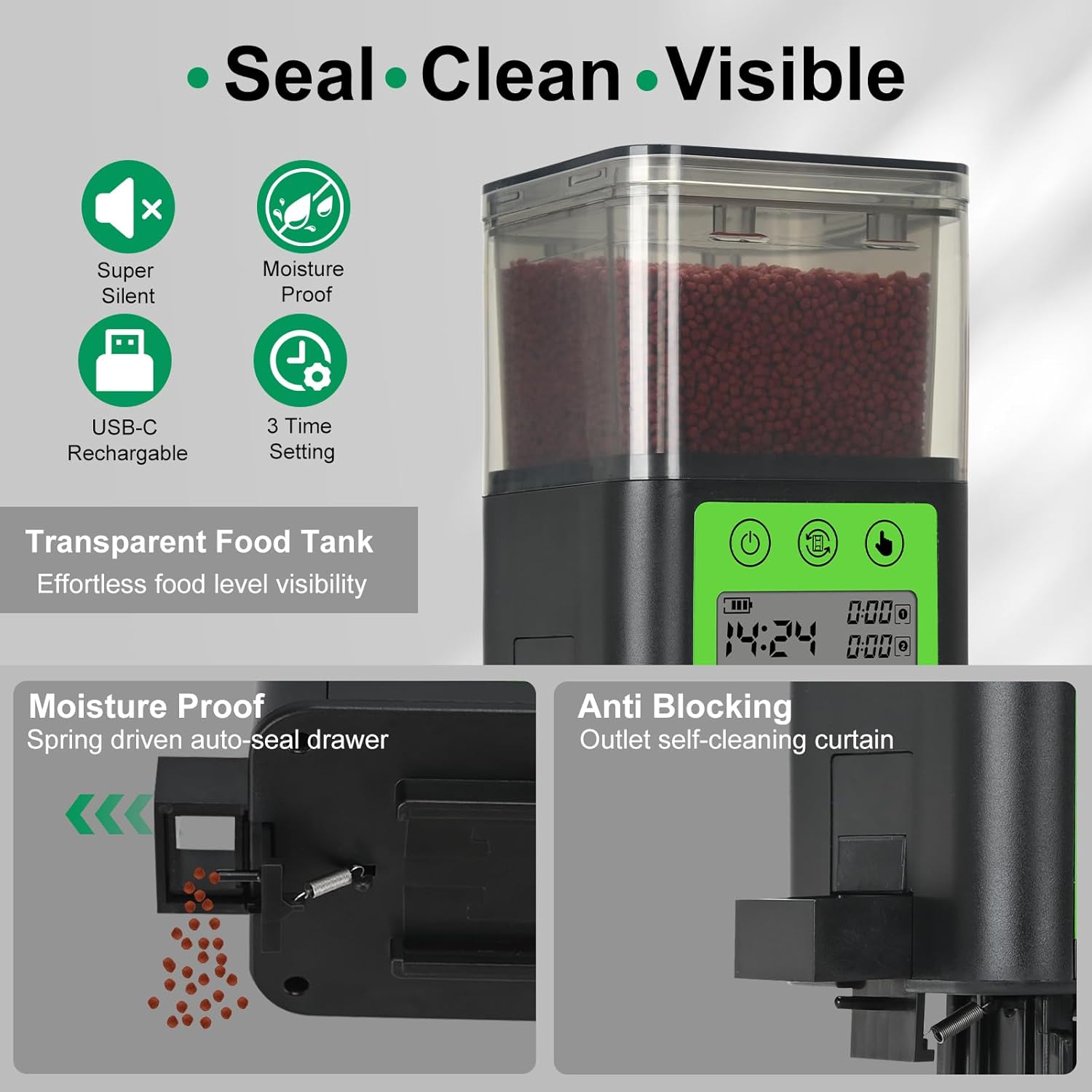 Lychee Automatic Fish Feeder USB Rechargeable 320ML Large Capacity Aquarium Fish Food Dispenser with Two Feeding Ring, Moisture-Proof-Aquarium Electric Timer Feeder for Vacation Business Trips