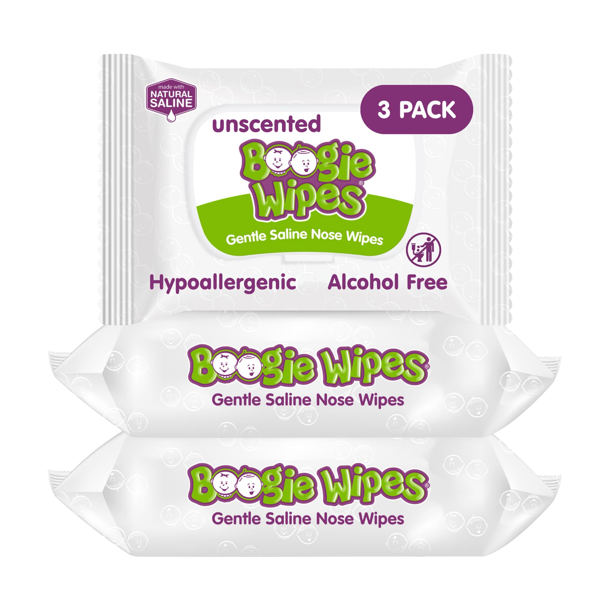 Boogie Wipes Natural Saline Kids and Baby Nose Wipes for Cold and Flu, Unscented, 30 Count (Pack of 3)