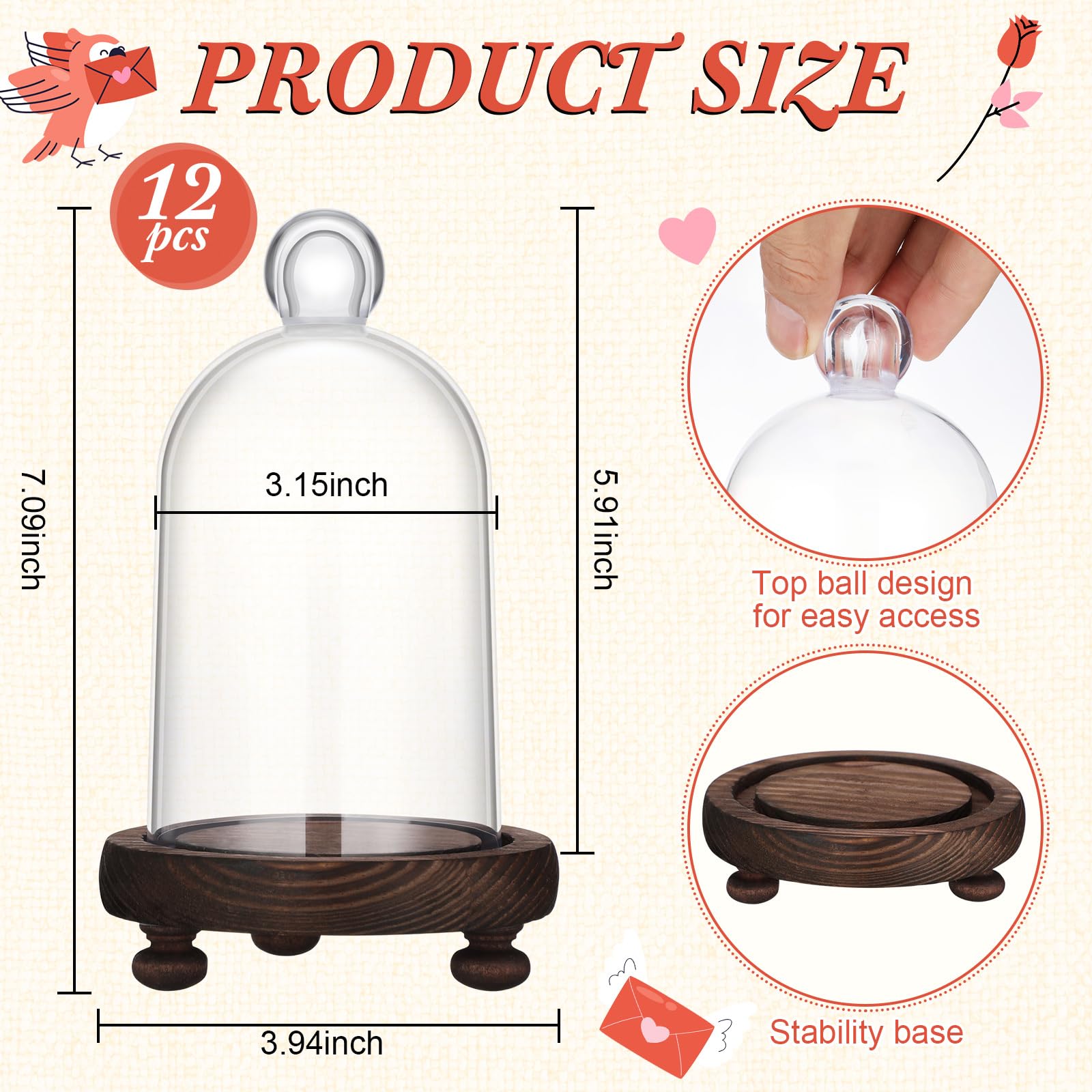 Cinnvoice 12 Pcs Plastic Dome Cloche Display Case Bell Jar with Wood Base Plastic Cloche Bell Shape Clear Dome 4.9 x 3.2 Inch for Craft Collectibles Rose Office Home Tabletop Christmas Gift