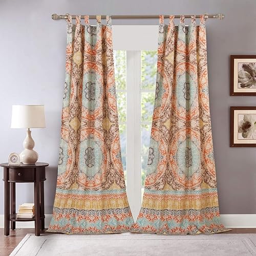 Juego de 2 cortinas bohemias de color turquesa índigo de 84 pulgadas, diseño de medallón marrón, damasco, floral, tribal, contemporáneo, estilo