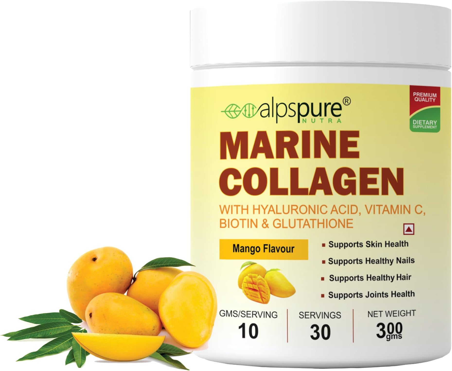 Alpspure Nutra Marine Collagen/Fish Collagen Powder (300 G) with Hyaluronic acid, Vitamin C, Biotin & Glutathione | Supports Healthy Skin, Hair, Nails & Joints | Mango Flavour | For Men & Women
