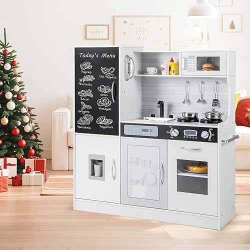 Miniatura 9 de GLACER Juego de cocina para niños, juego de cocina de juguete de madera con luces y sonidos, pizarra, teléfono, dispensador de agua, grifo giratorio