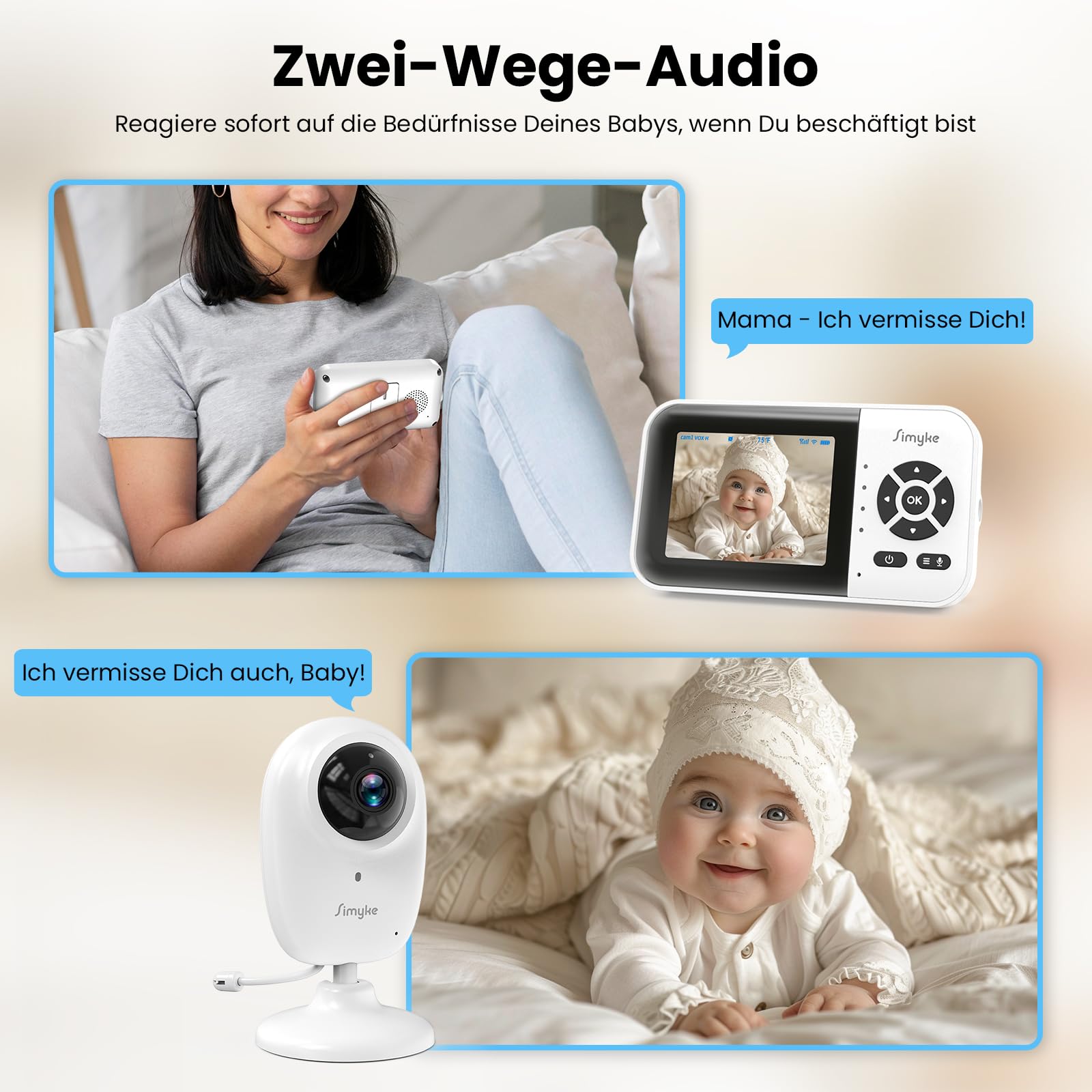 Simyke Smart BabyMonitor 1080p with 2 Camera, WLAN On/Off Schalter, WiFi Remote Access, 1500ft Long Range, 2-Way Talk, Sound Alert, Temperatursensor, Lullabies Fütterung