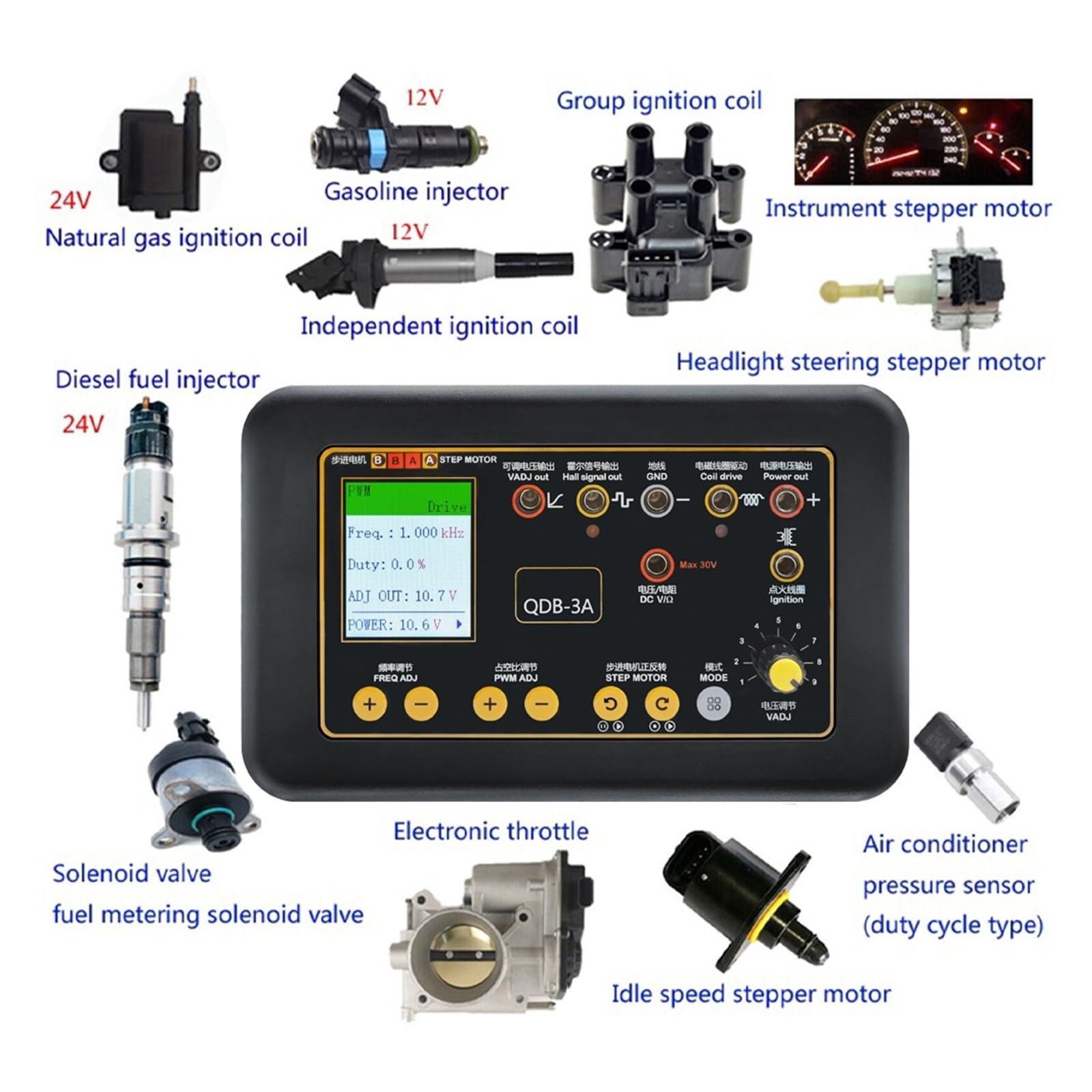 Probador de bobinas de encendido automático QDB 3A, prueba de acelerador electrónico, válvulas IAC, bobinas de alto COP, inyectores y válvulas FID, herramienta de diagnóstico.
