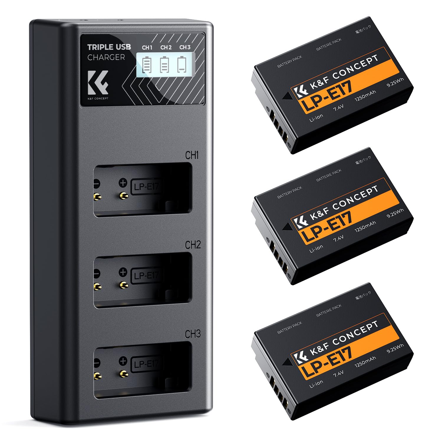 3-pack LP-E17 Battery and 3-slot LCD Charger, Compatible with Canon EOS RP, R10, R8, R50, Rebel T8i, T7i, T6i, SL2, SL3, EOS 200D, 250D, 77D, 750D, 760D, 800D, 8000D, Powershot V1