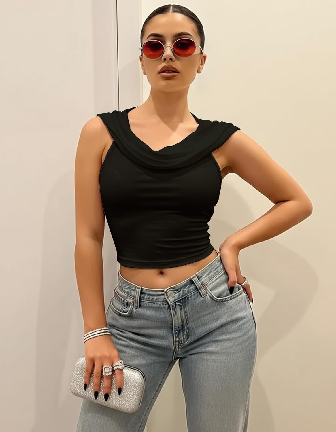 Women’s Backless Hoodie Tank Top, Sexy Draped Halter Crop Top, Stretchy Rave Festival Outfit - Image 4